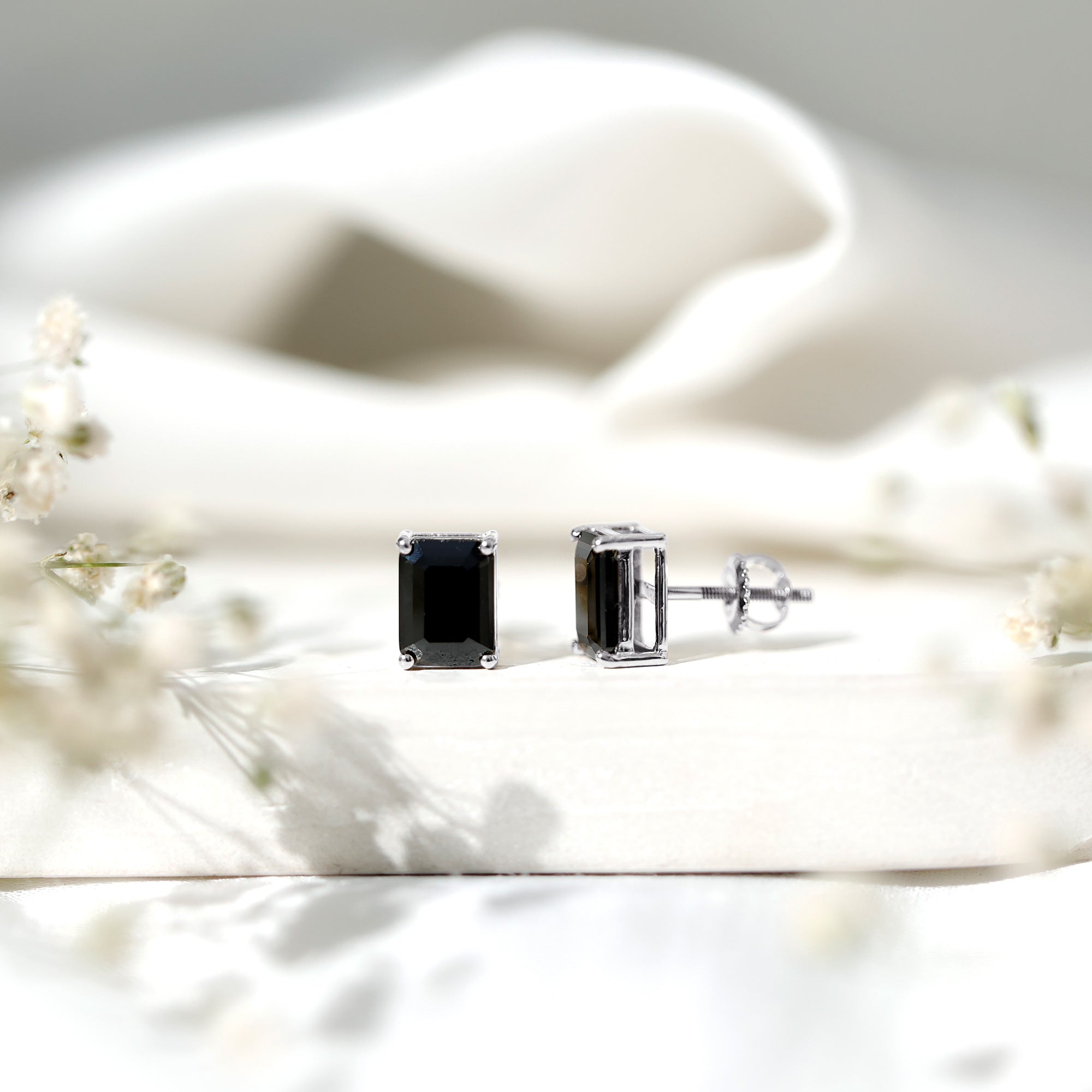Octagon Shape Created Black Diamond Solitaire Stud Earrings