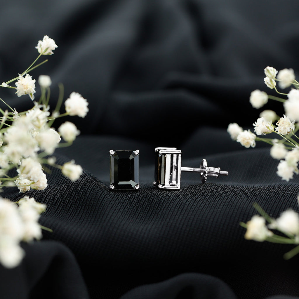 Octagon Shape Created Black Diamond Solitaire Stud Earrings