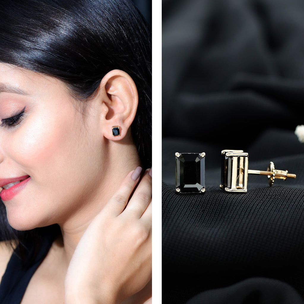 Octagon Shape Created Black Diamond Solitaire Stud Earrings