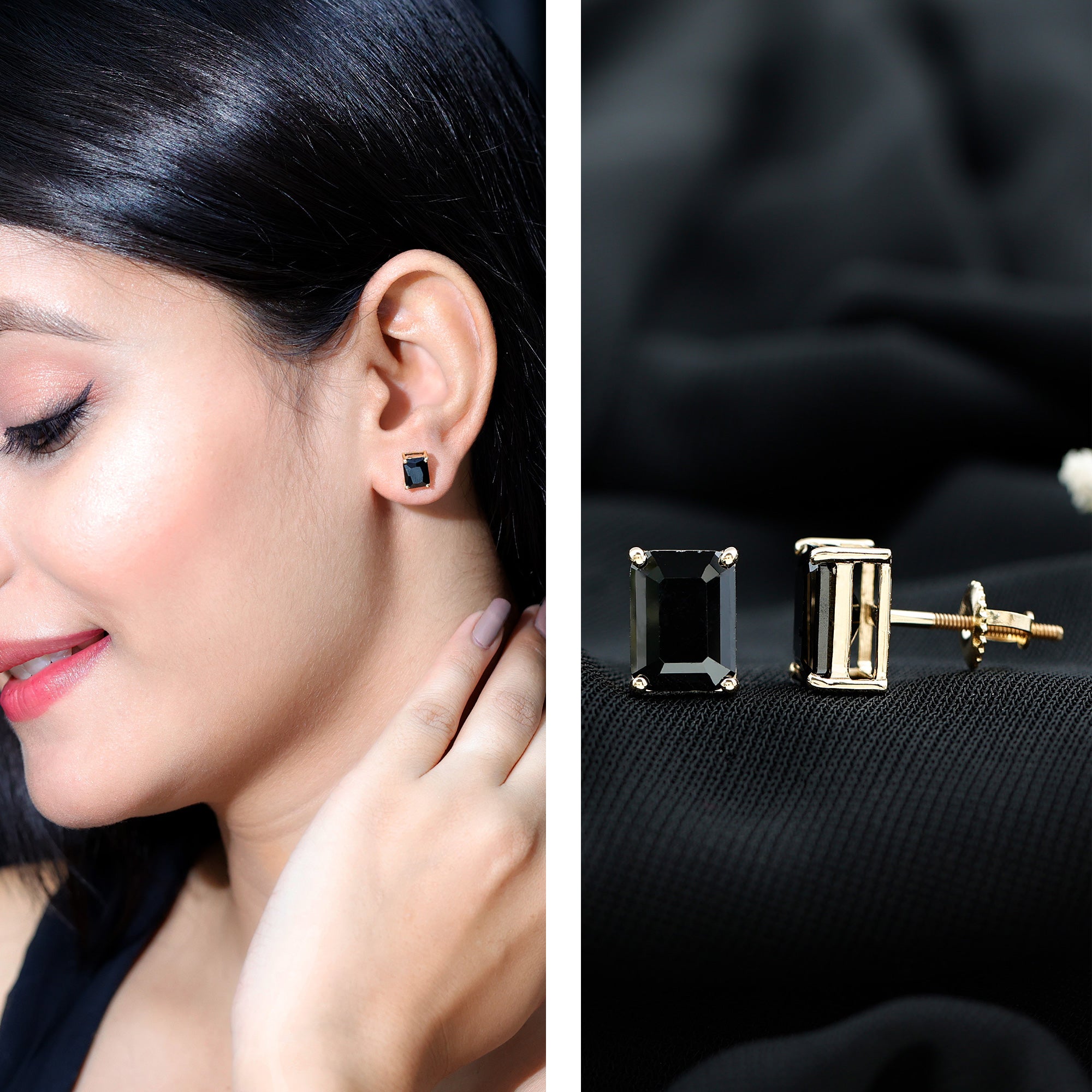 Octagon Shape Created Black Diamond Solitaire Stud Earrings