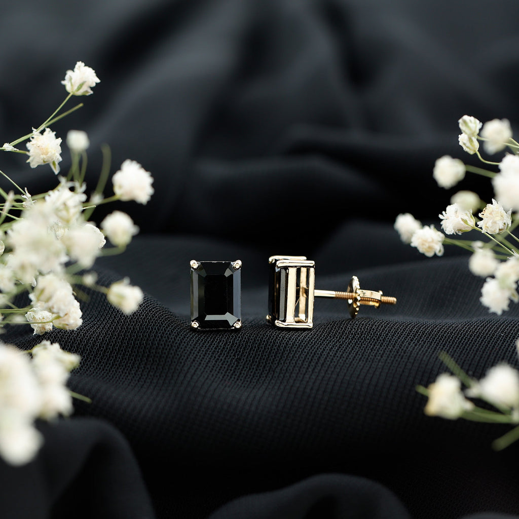 Octagon Shape Created Black Diamond Solitaire Stud Earrings