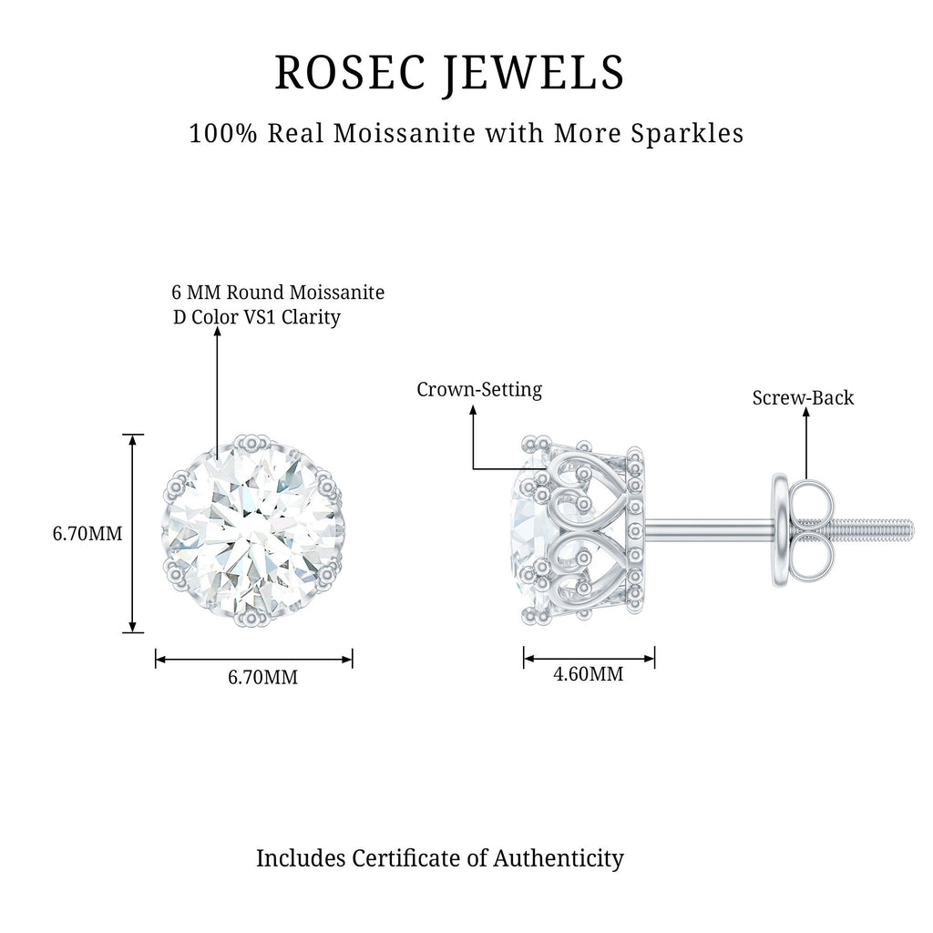 6 MM Round Shape Moissanite Stud Earrings in Crown Setting