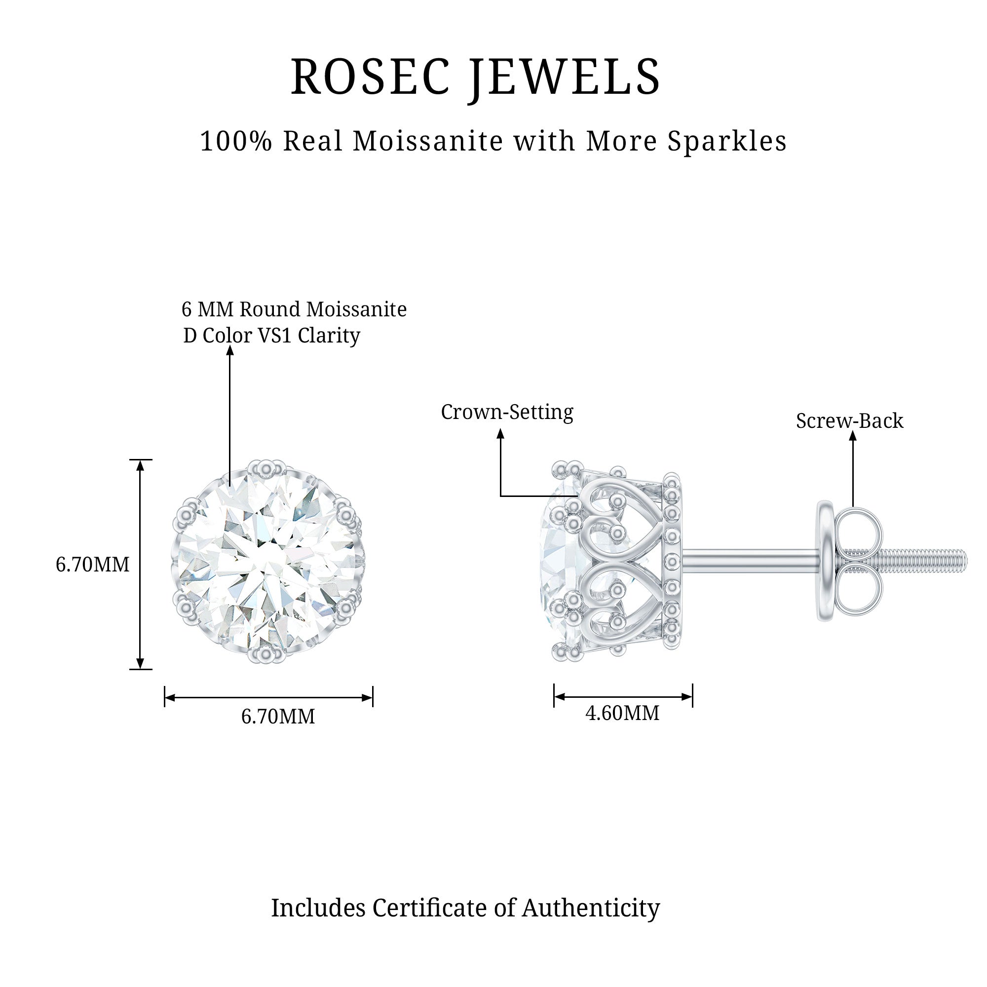 6 MM Round Shape Moissanite Stud Earrings in Crown Setting