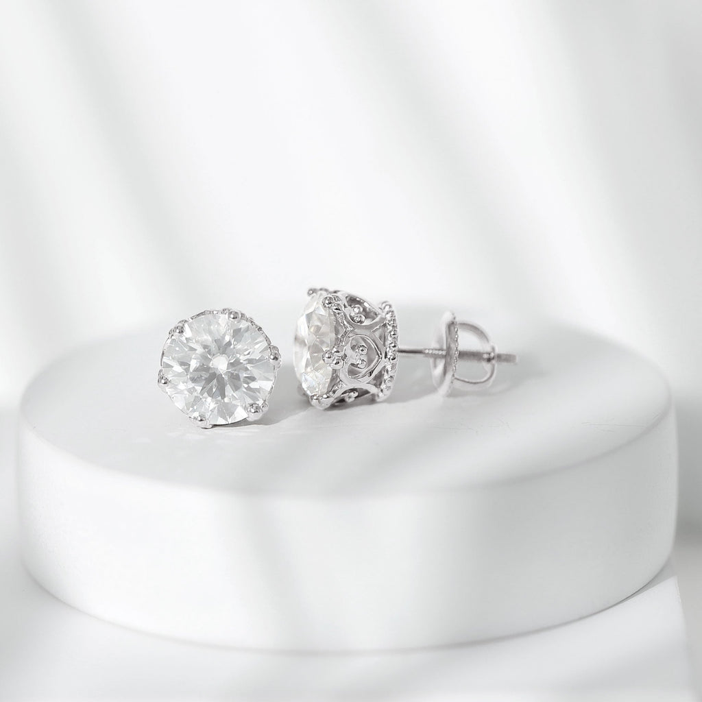 6 MM Round Shape Moissanite Stud Earrings in Crown Setting