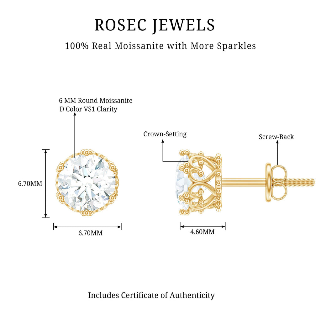 6 MM Round Shape Moissanite Stud Earrings in Crown Setting