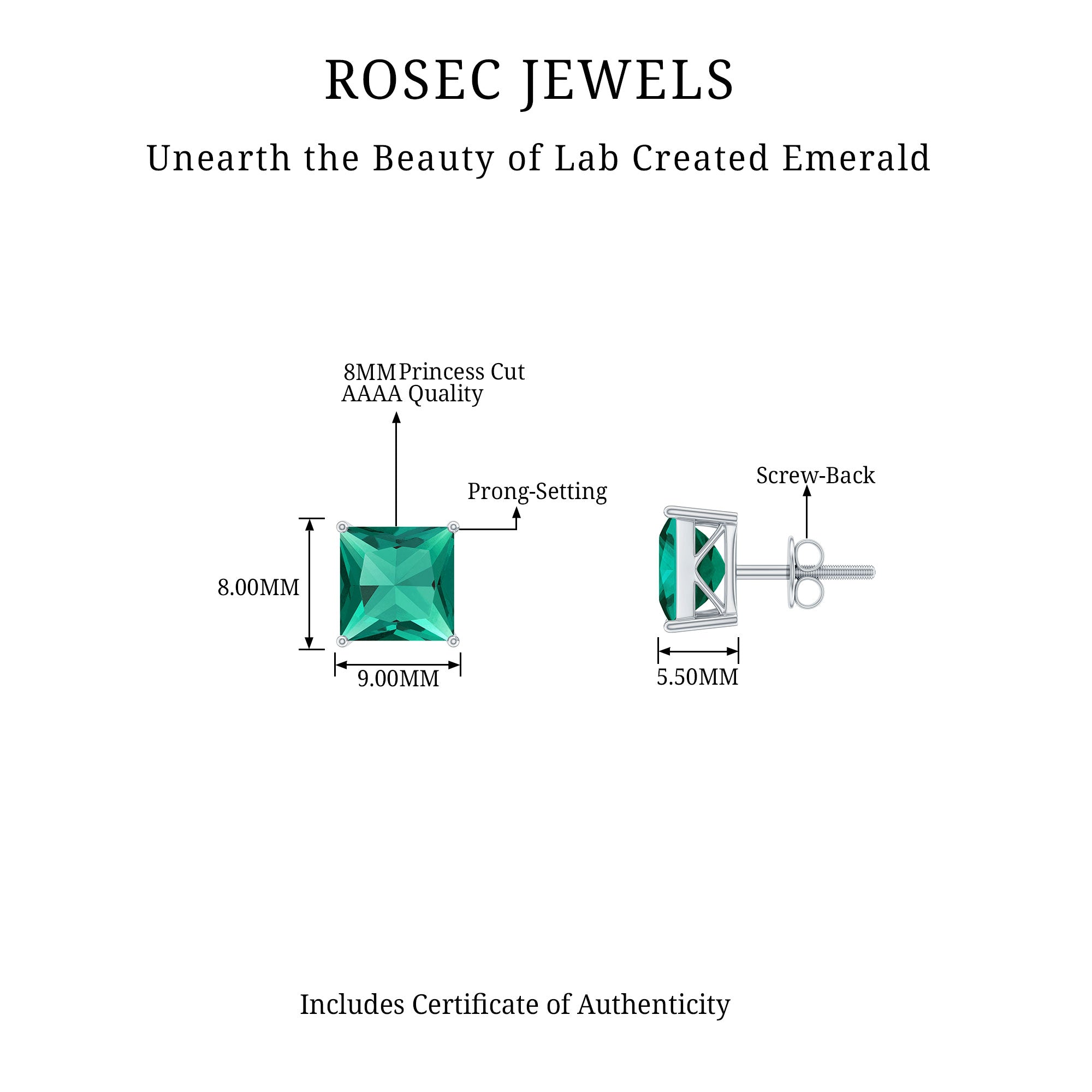 4 CT Princess Cut Lab Grown Emerald Solitaire Stud Earring