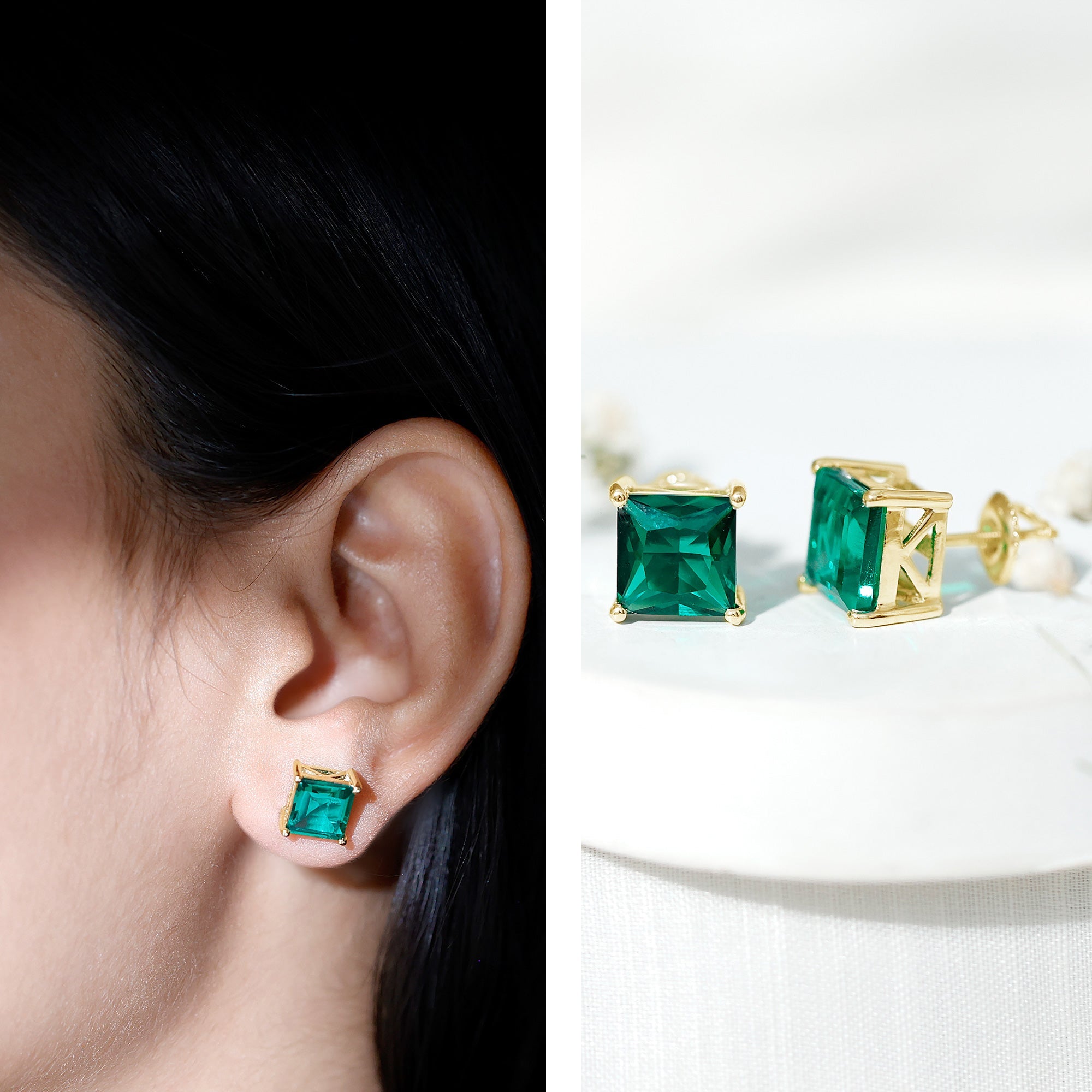 4 CT Princess Cut Lab Grown Emerald Solitaire Stud Earring
