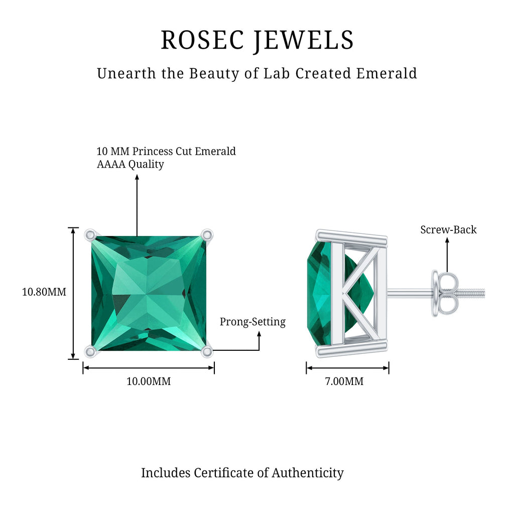 10 Carat Princess Cut Lab Grown Emerald Solitaire Stud Earrings