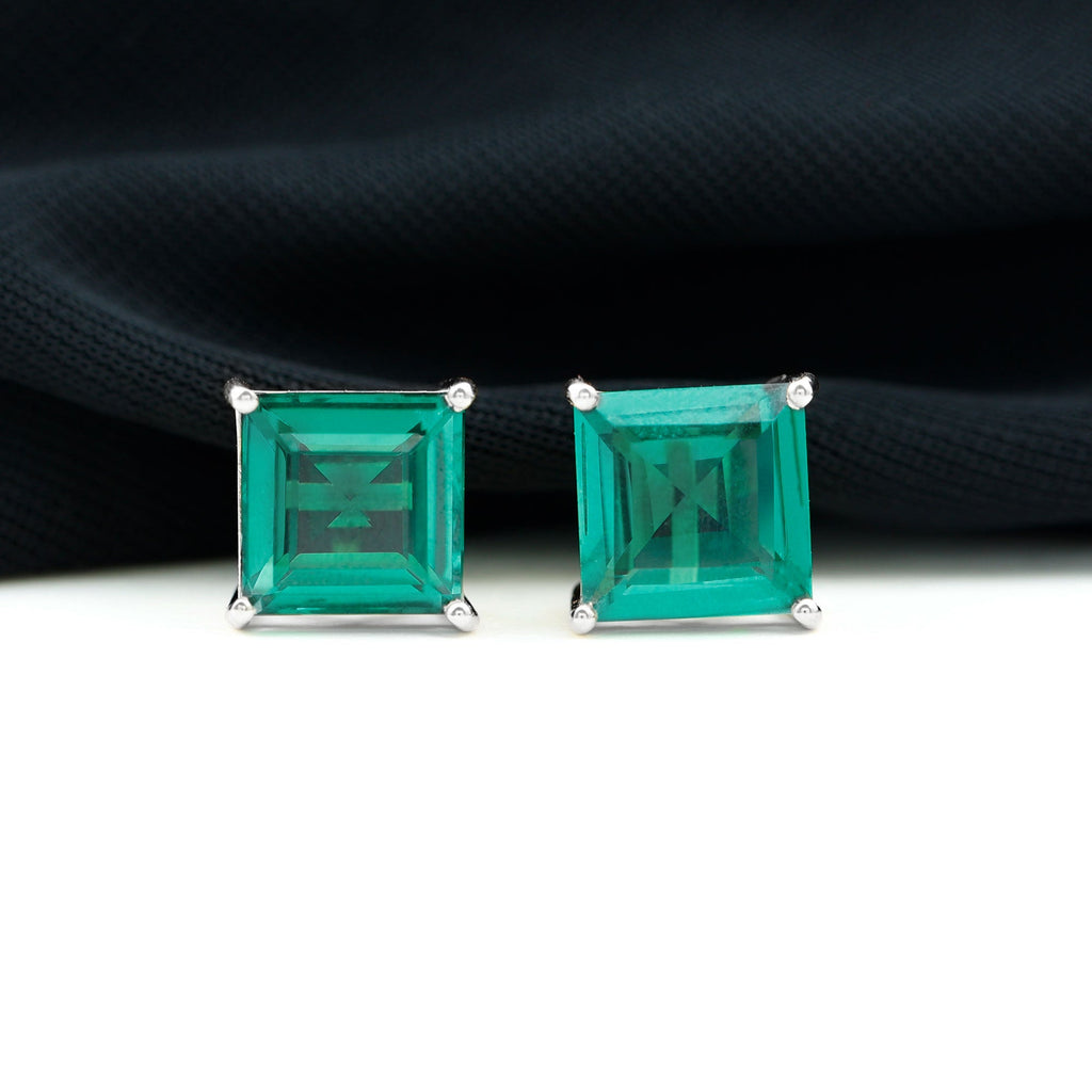 10 Carat Princess Cut Lab Grown Emerald Solitaire Stud Earrings