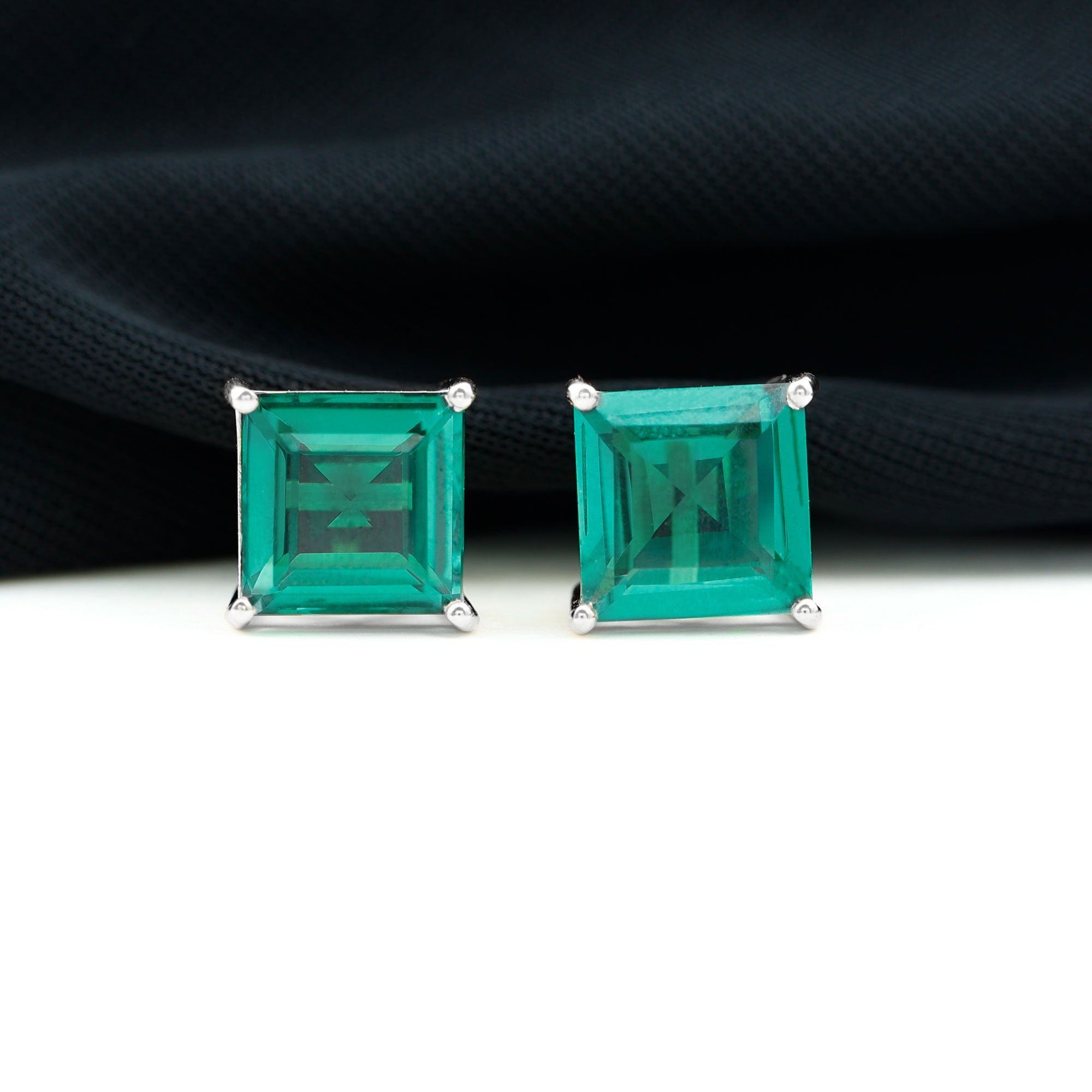 10 Carat Princess Cut Lab Grown Emerald Solitaire Stud Earrings