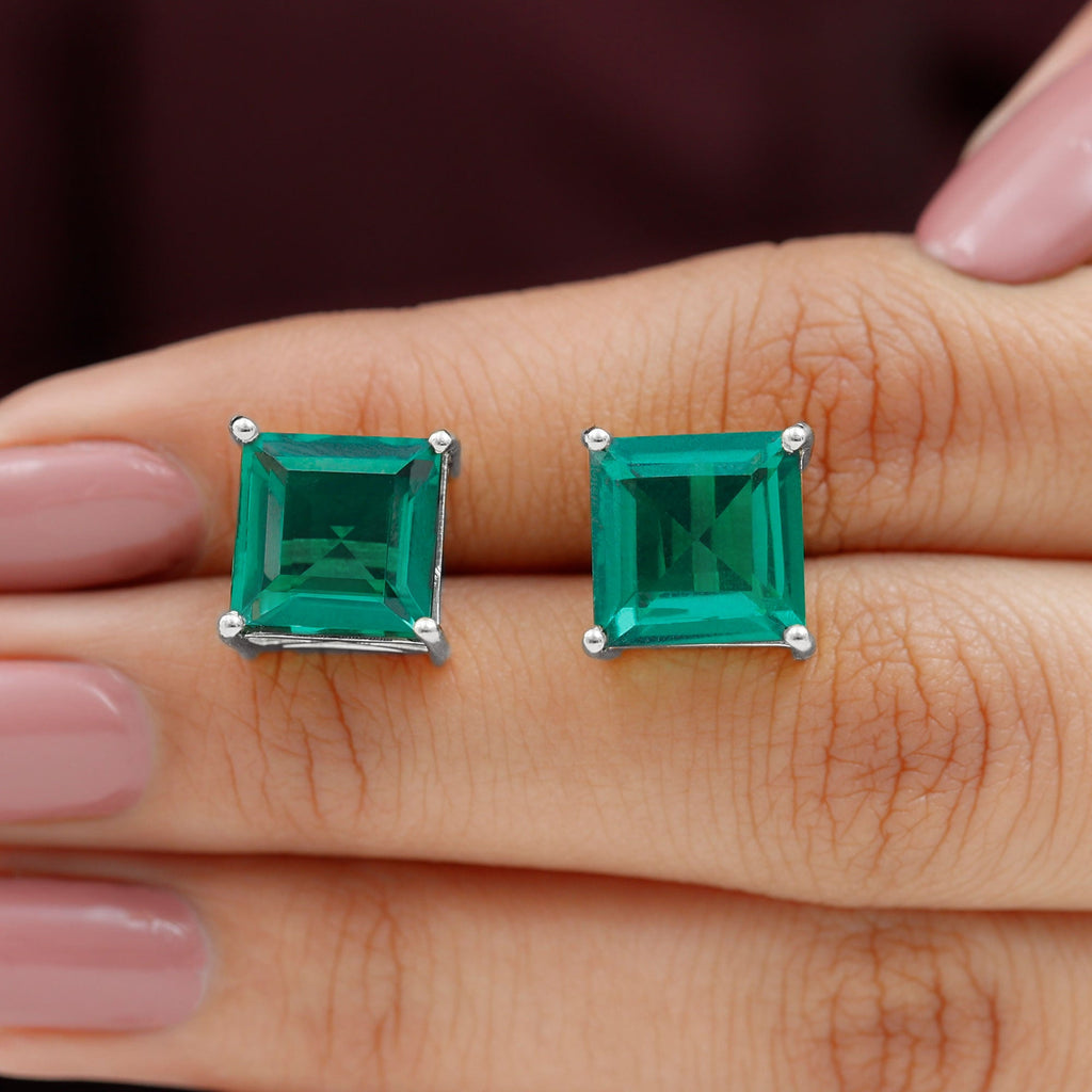10 Carat Princess Cut Lab Grown Emerald Solitaire Stud Earrings
