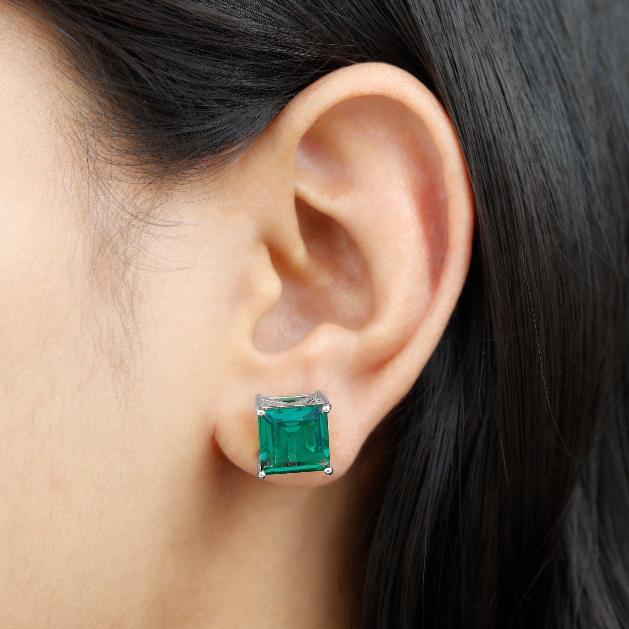 10 Carat Princess Cut Lab Grown Emerald Solitaire Stud Earrings