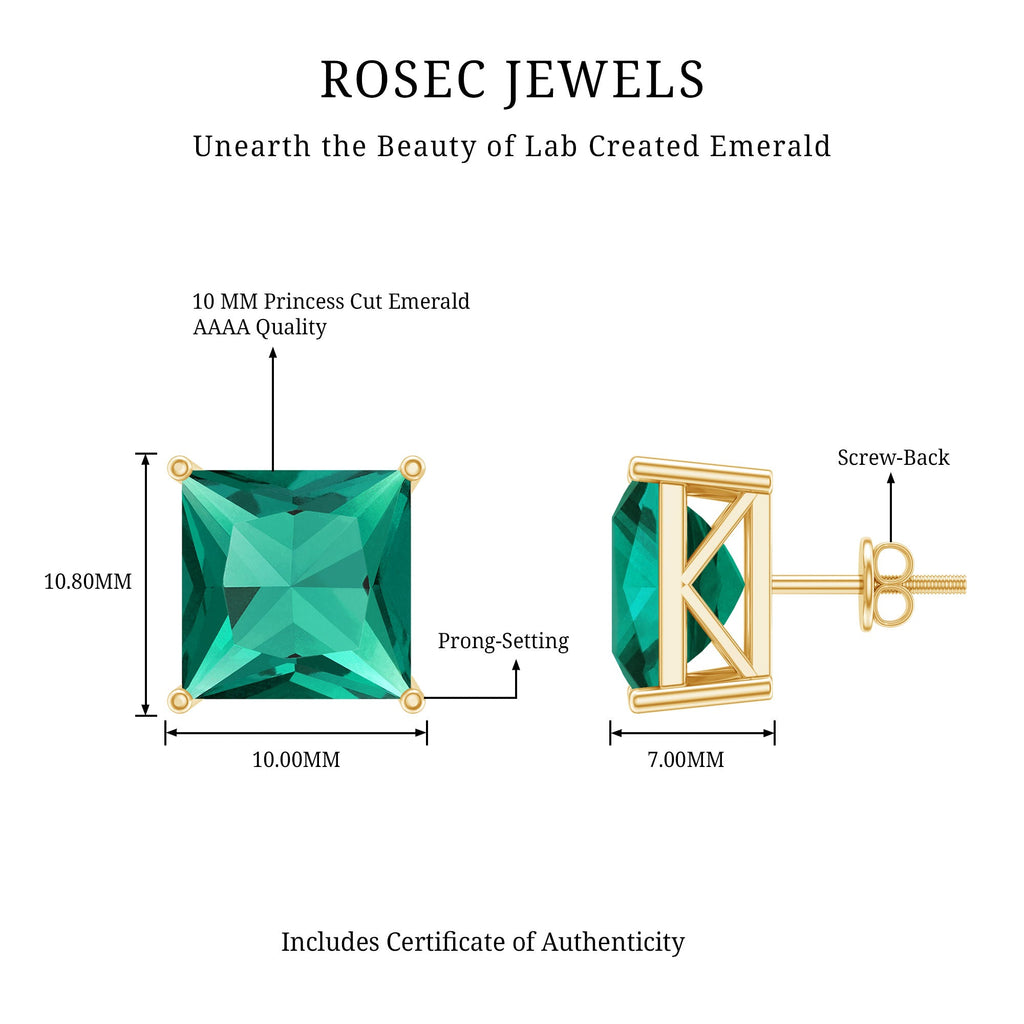 10 Carat Princess Cut Lab Grown Emerald Solitaire Stud Earrings