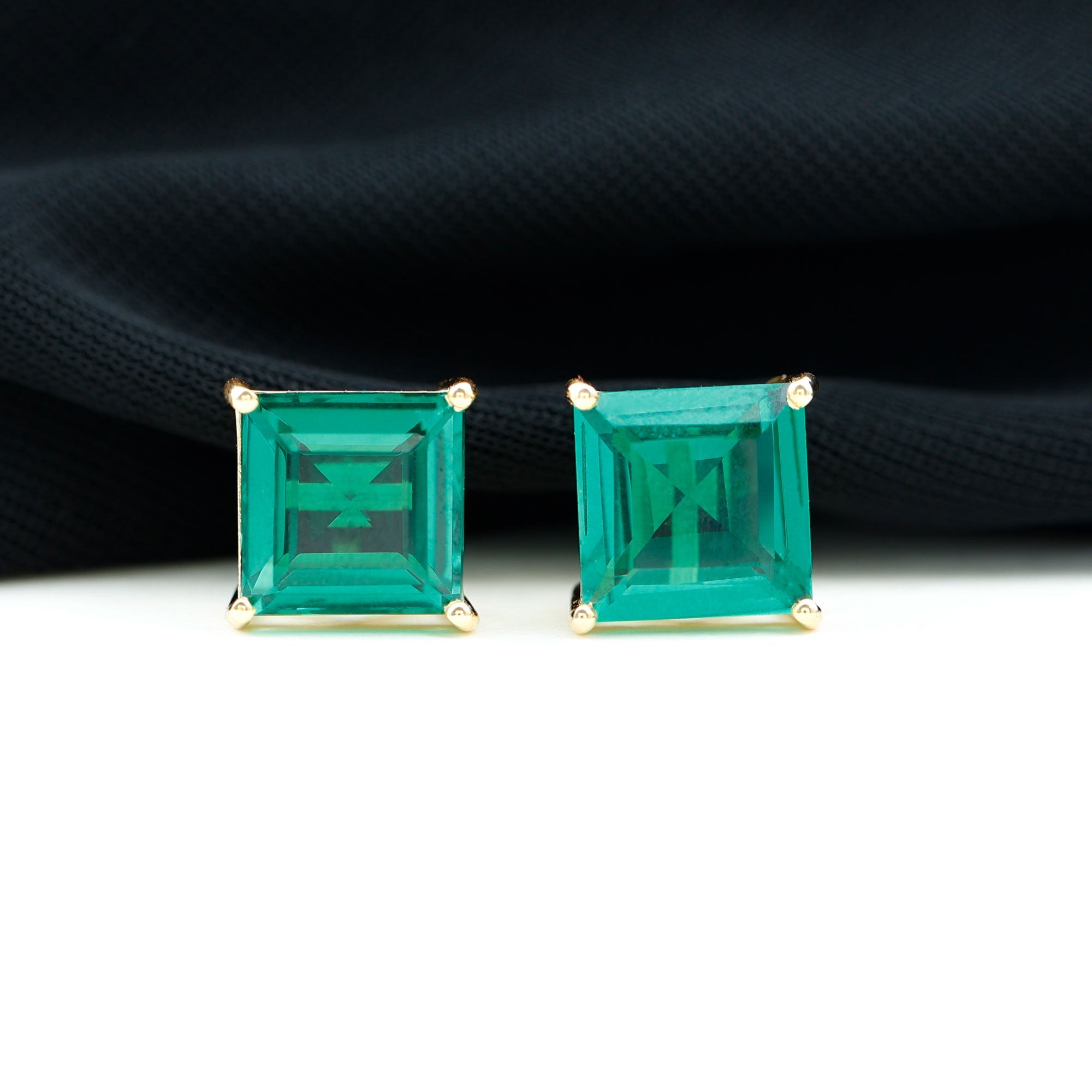 10 Carat Princess Cut Lab Grown Emerald Solitaire Stud Earrings