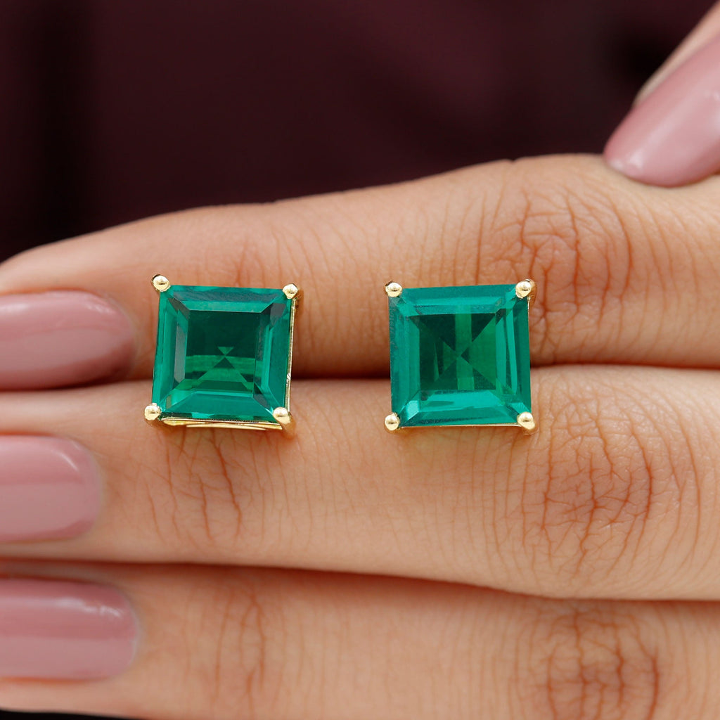 10 Carat Princess Cut Lab Grown Emerald Solitaire Stud Earrings