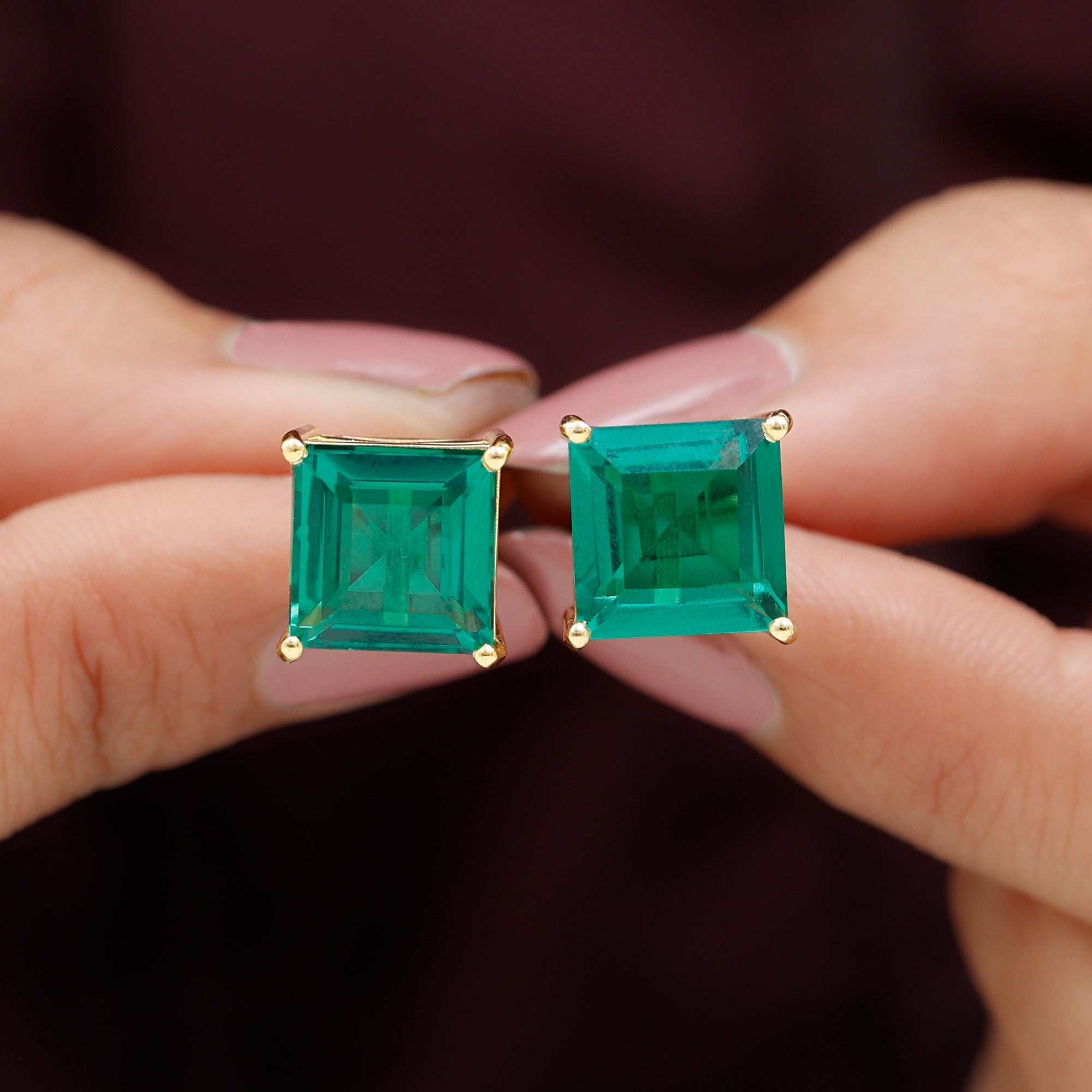 10 Carat Princess Cut Lab Grown Emerald Solitaire Stud Earrings