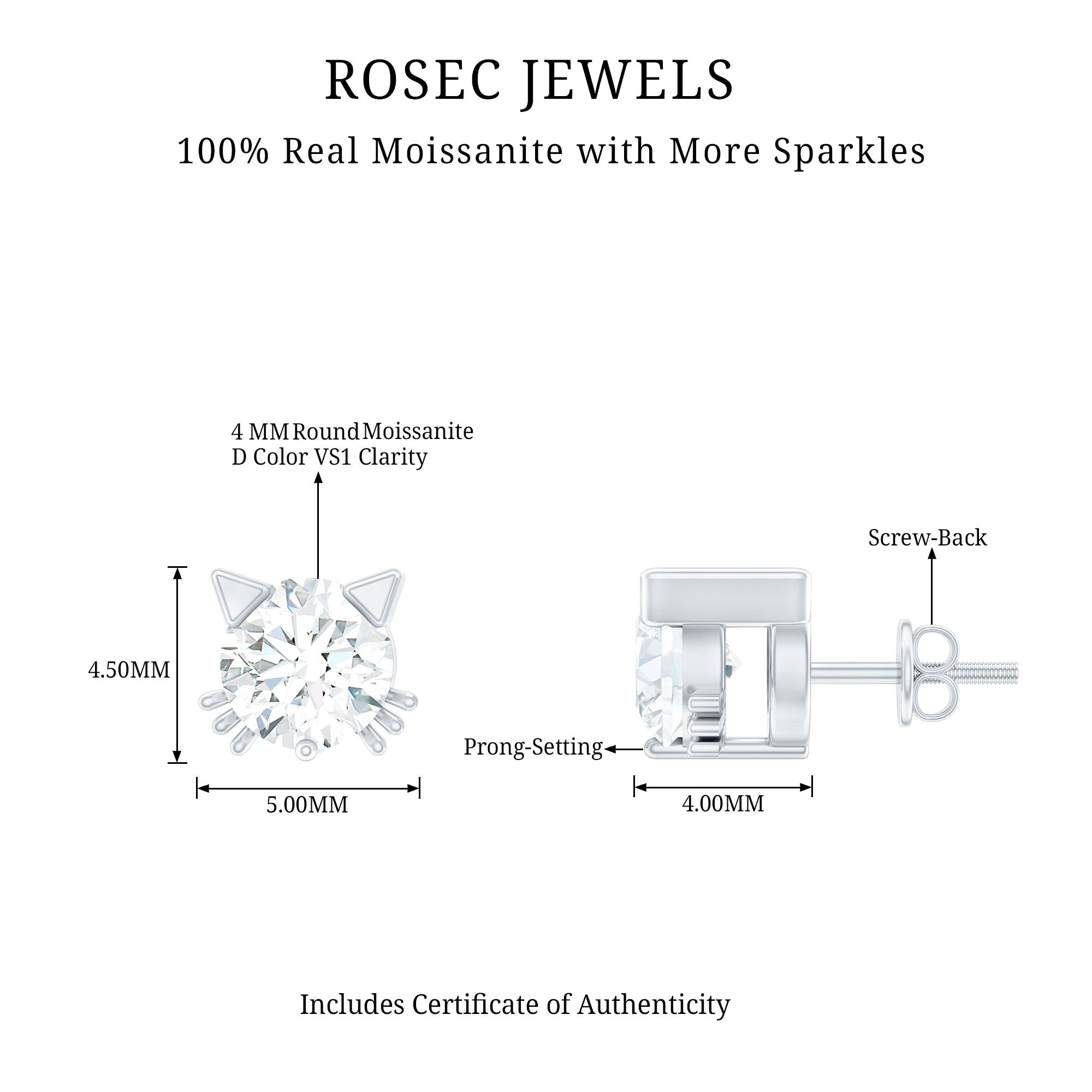 Dainty Round Shape Moissanite Cat Stud Earrings
