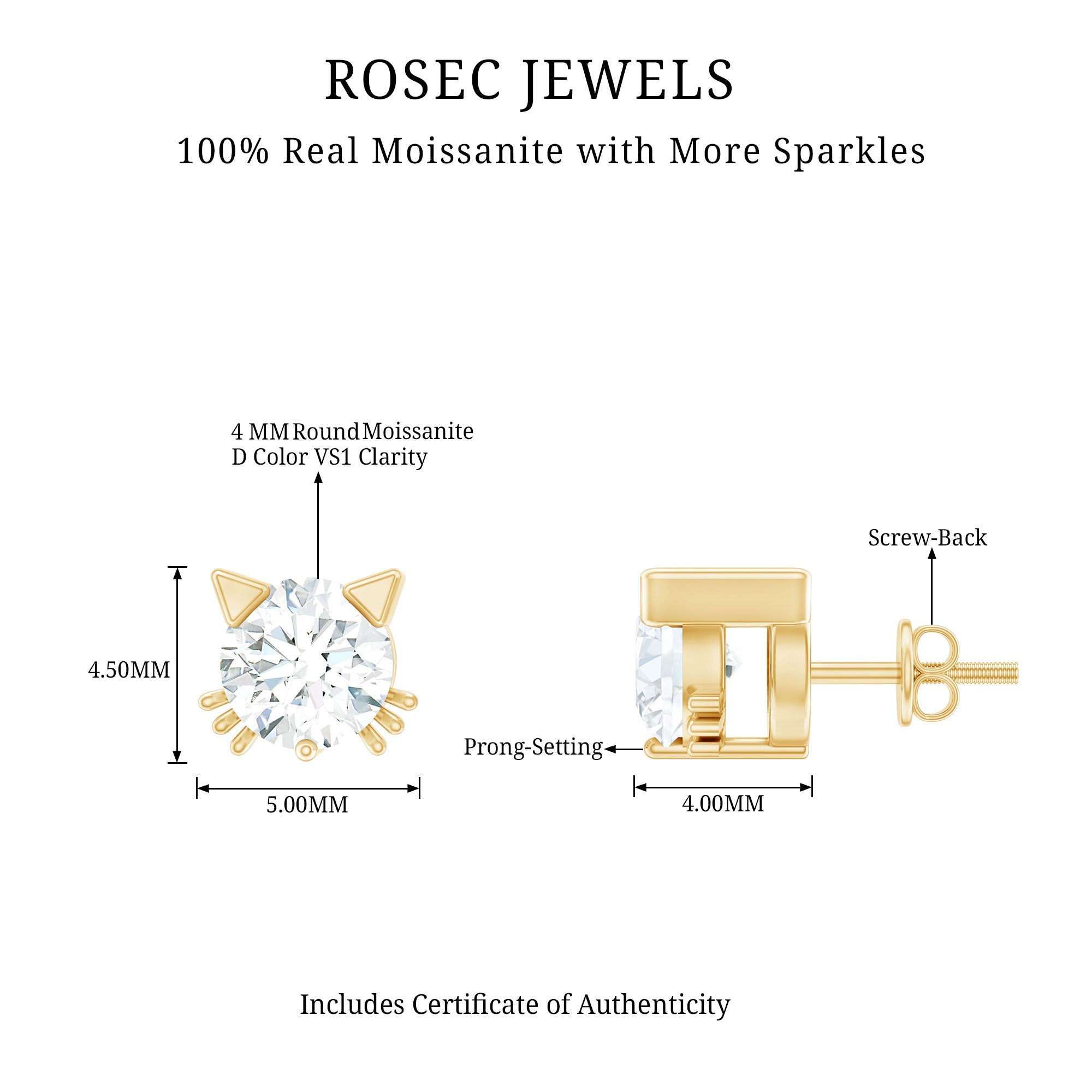 Dainty Round Shape Moissanite Cat Stud Earrings