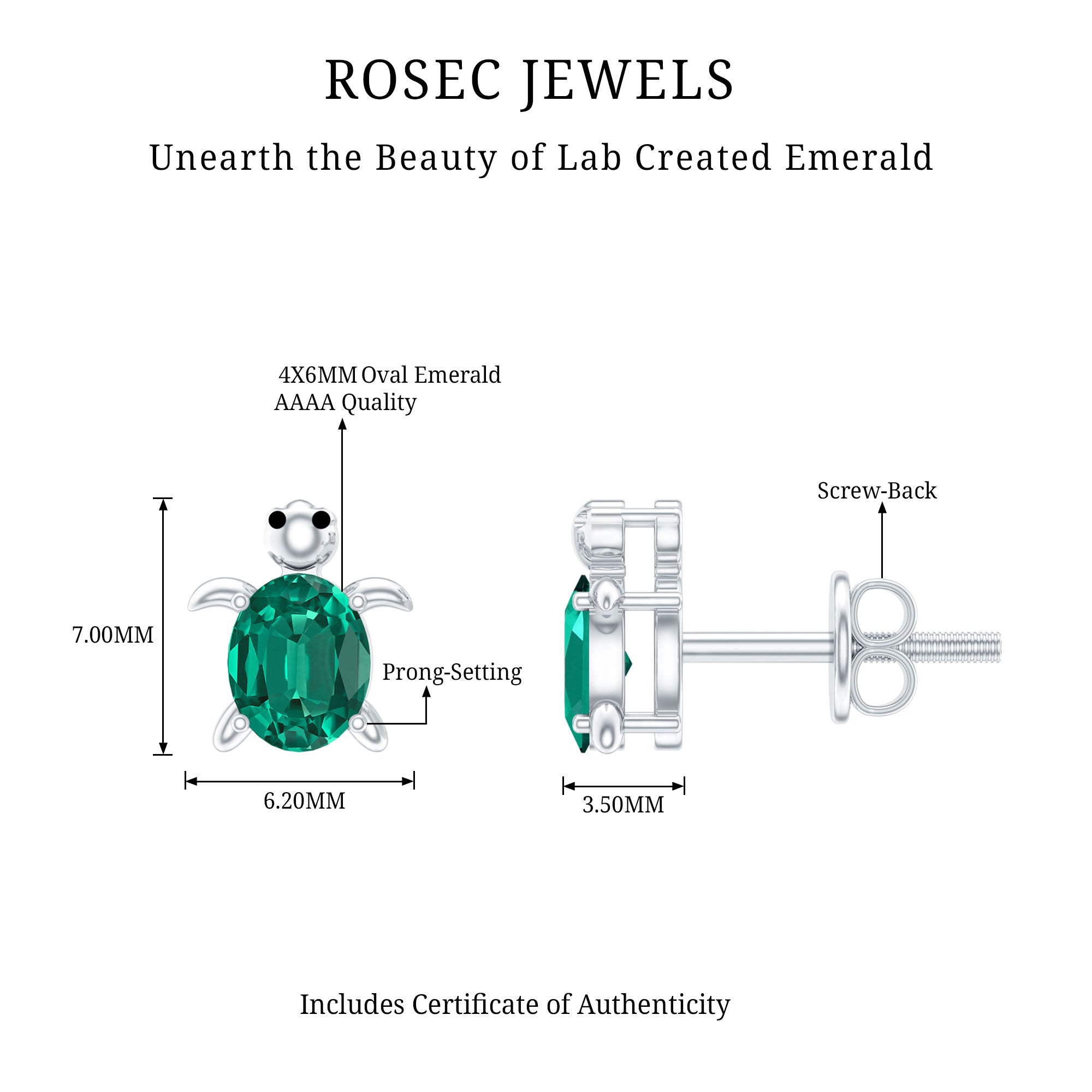 4X6 MM Lab Created Emerald Cute Turtle Stud Earrings