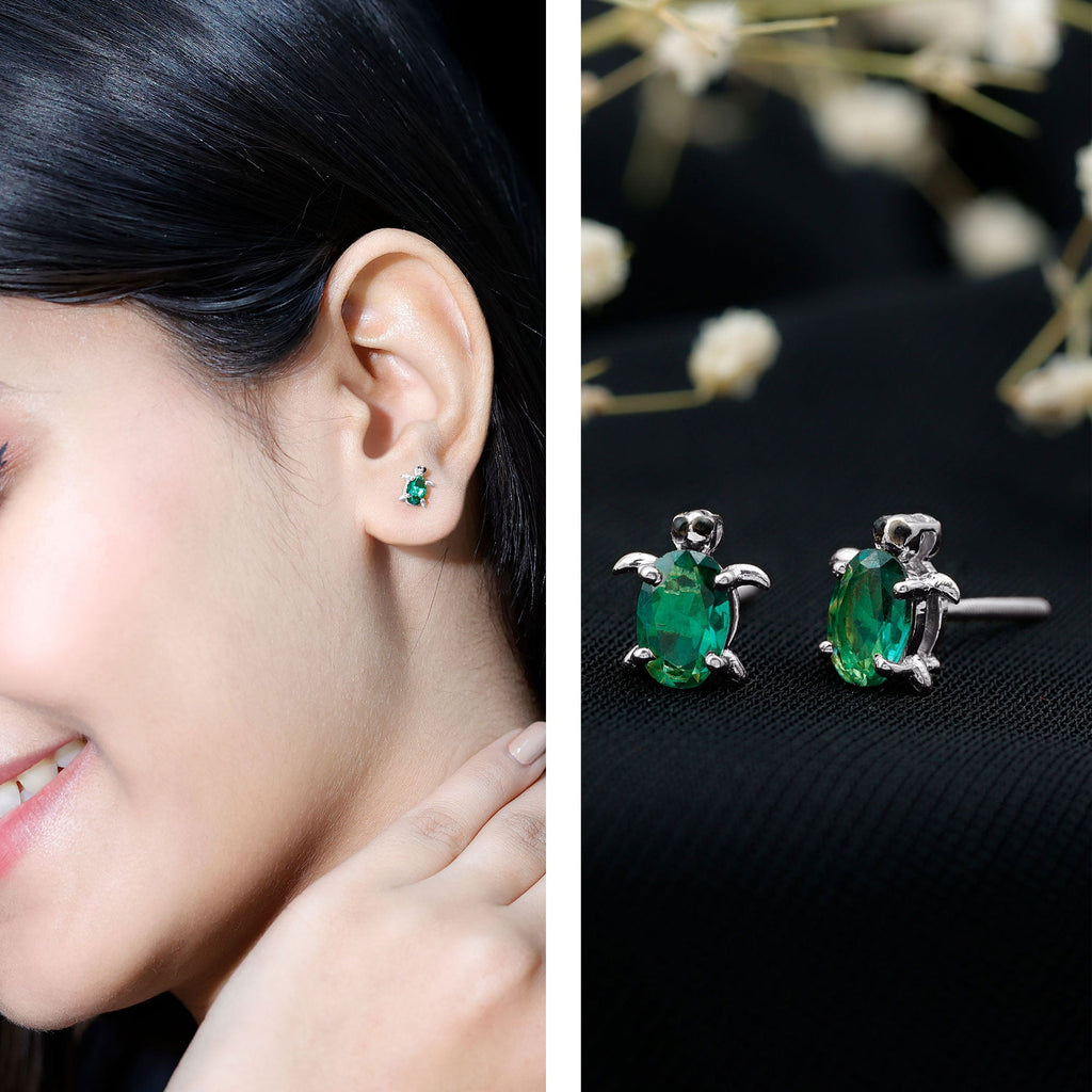 4X6 MM Lab Created Emerald Cute Turtle Stud Earrings