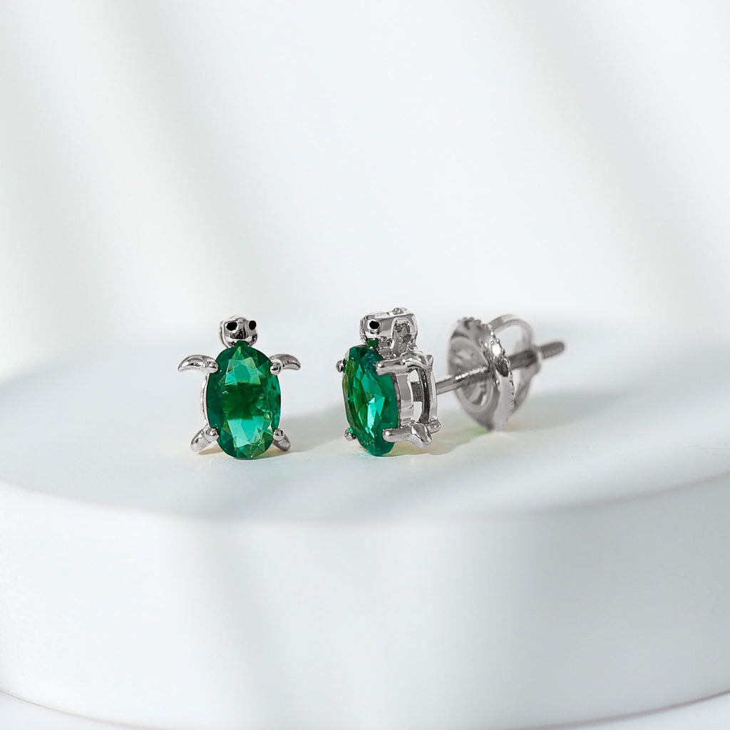 4X6 MM Lab Created Emerald Cute Turtle Stud Earrings