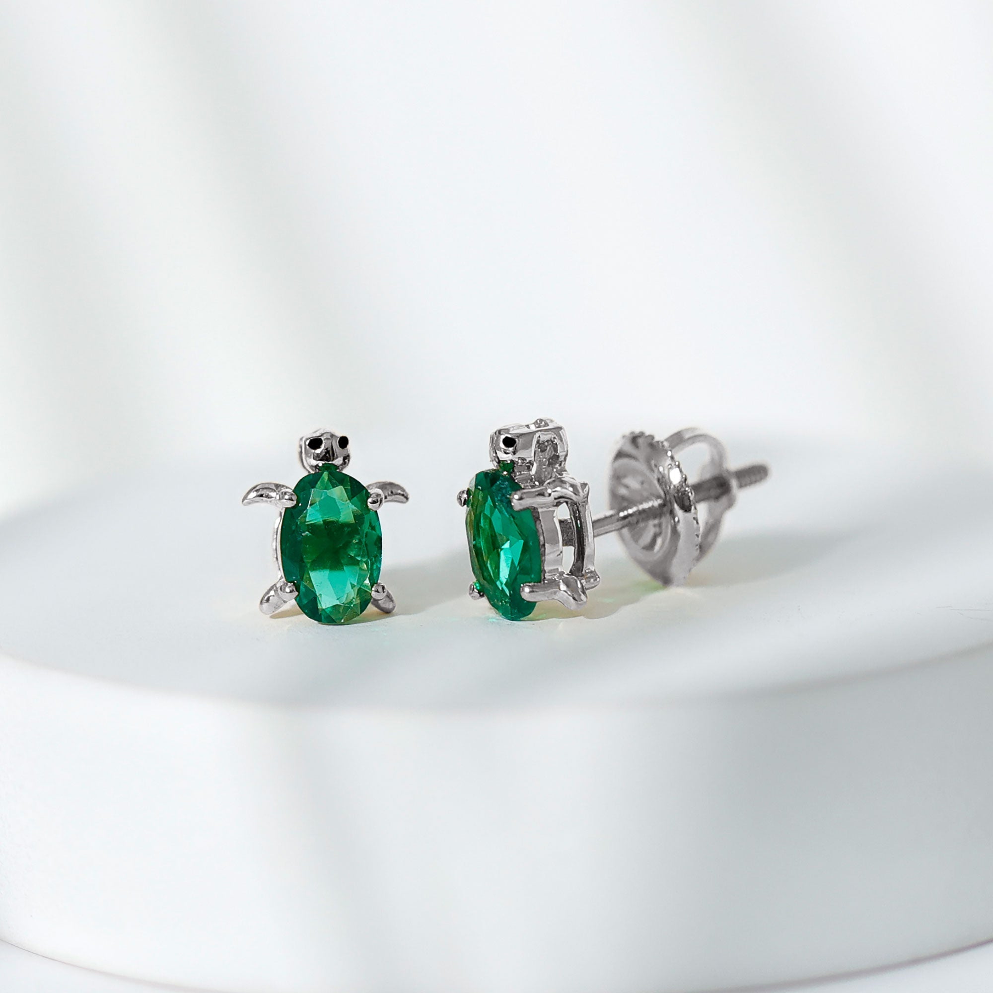 4X6 MM Lab Created Emerald Cute Turtle Stud Earrings