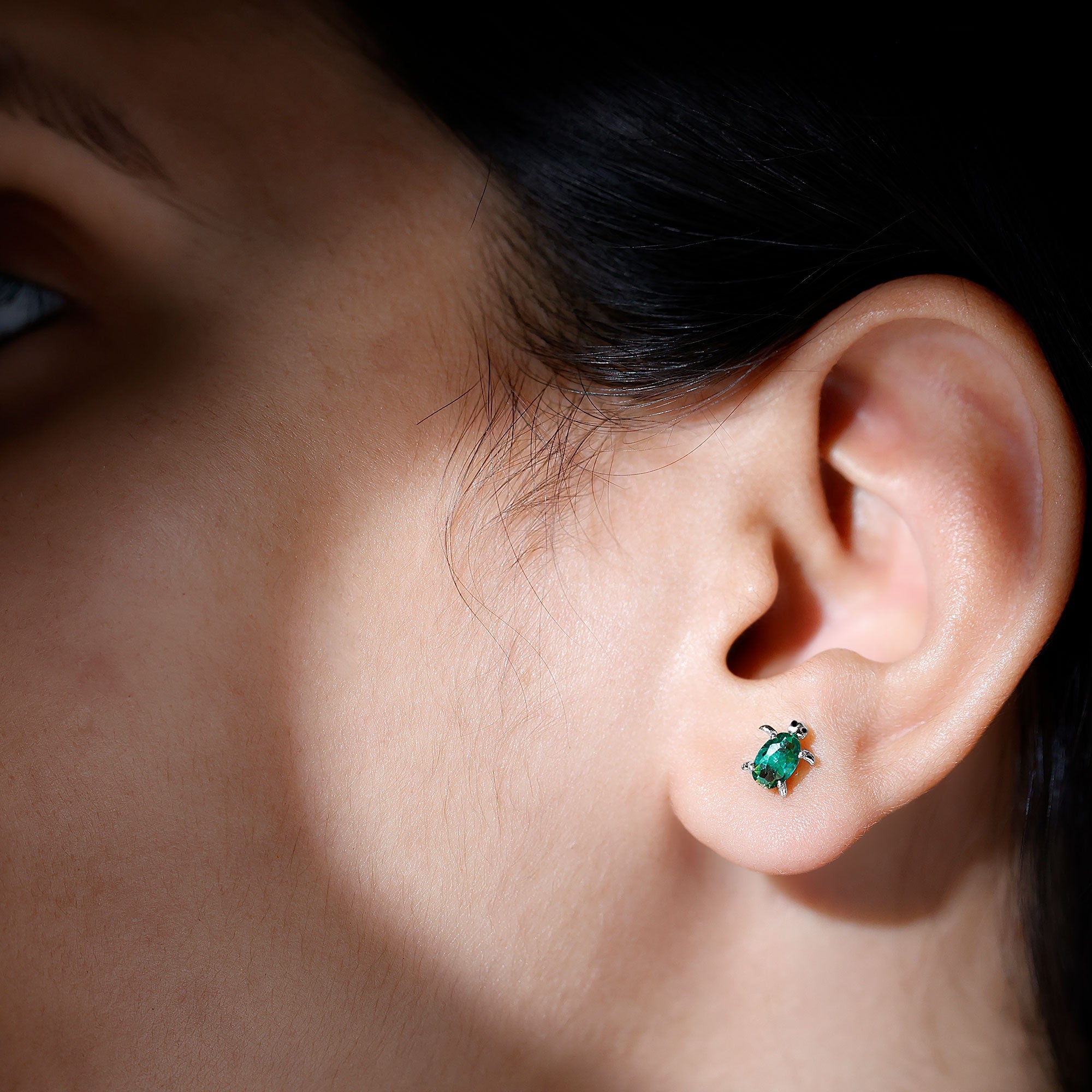 4X6 MM Lab Created Emerald Cute Turtle Stud Earrings