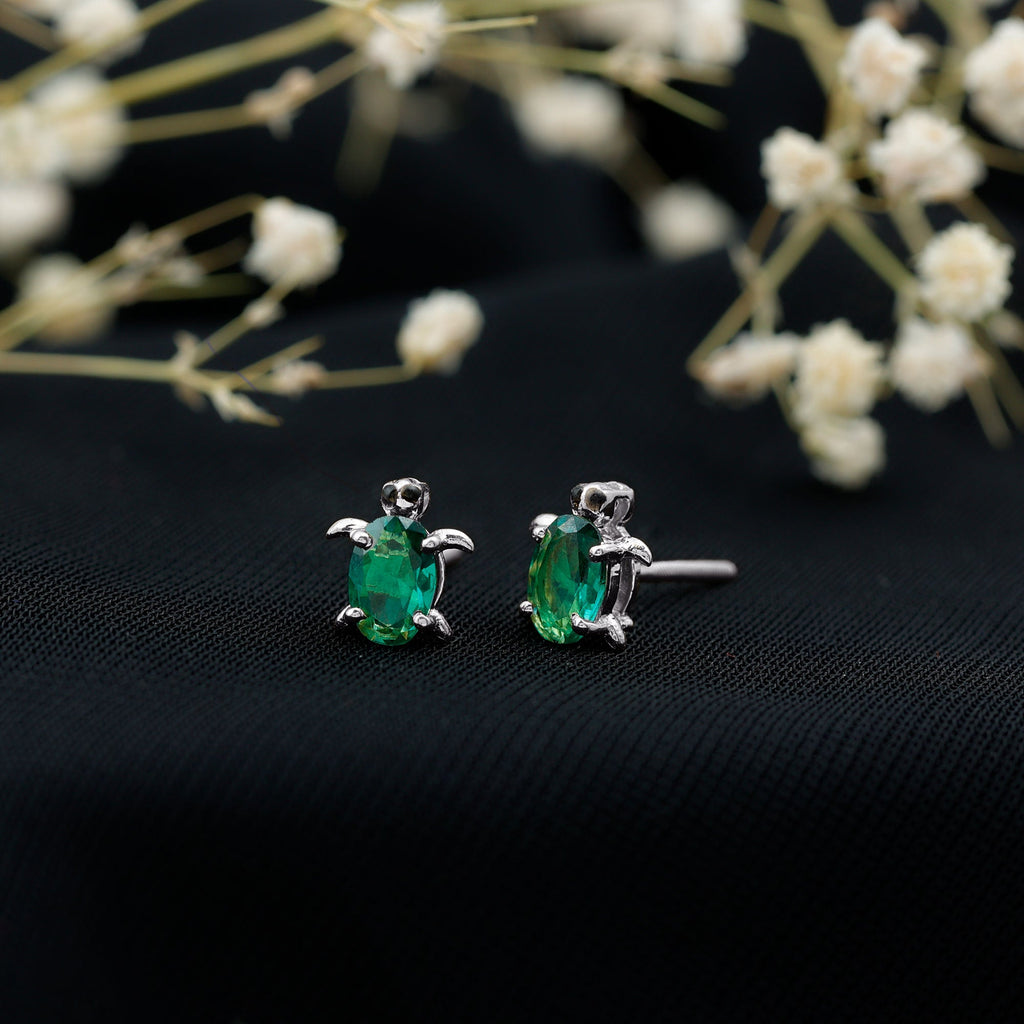 4X6 MM Lab Created Emerald Cute Turtle Stud Earrings