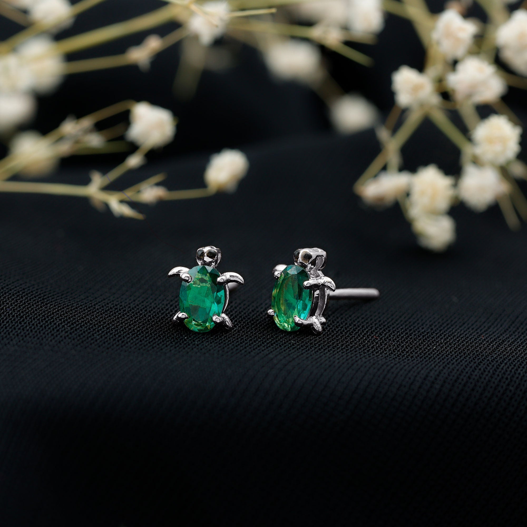 4X6 MM Lab Created Emerald Cute Turtle Stud Earrings