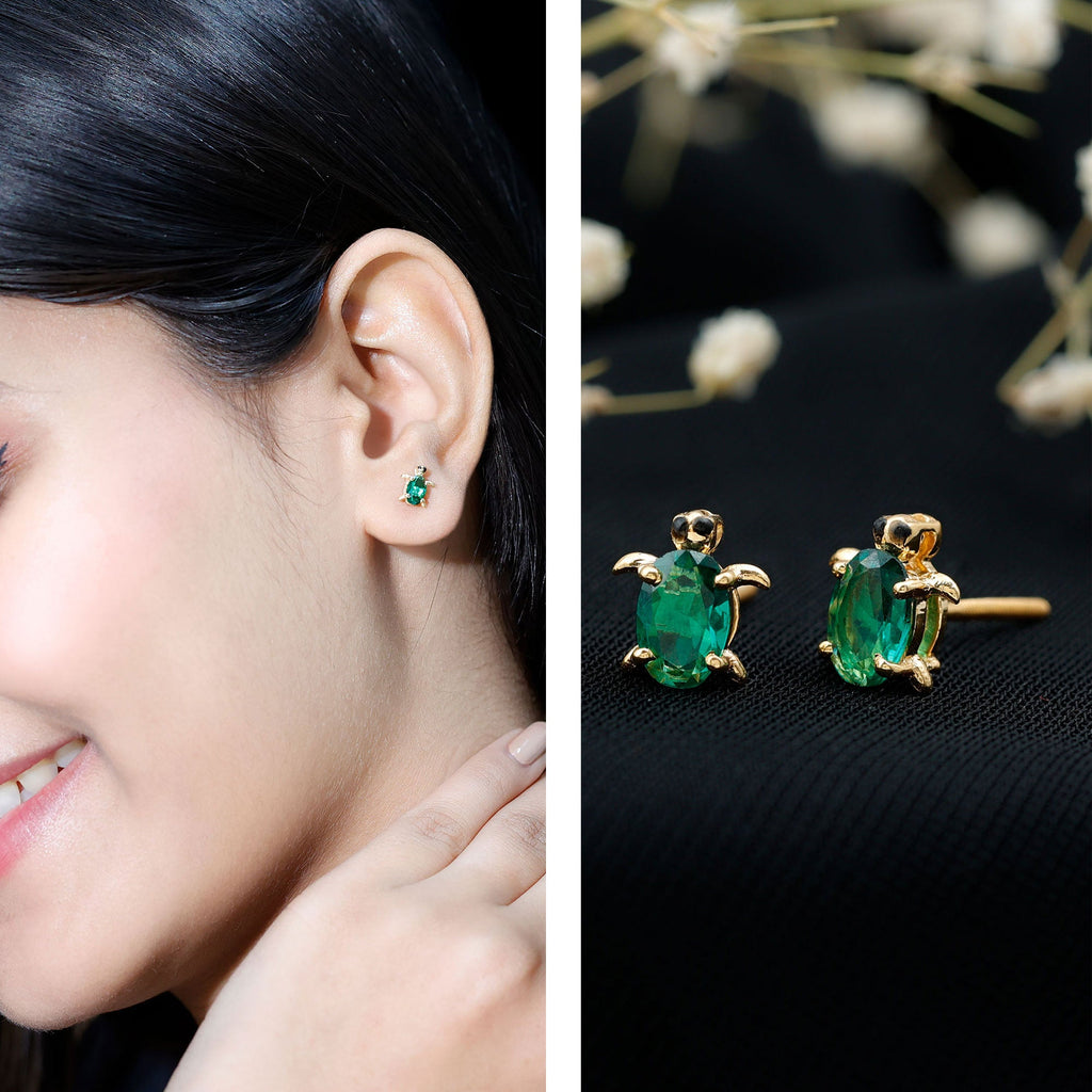 4X6 MM Lab Created Emerald Cute Turtle Stud Earrings