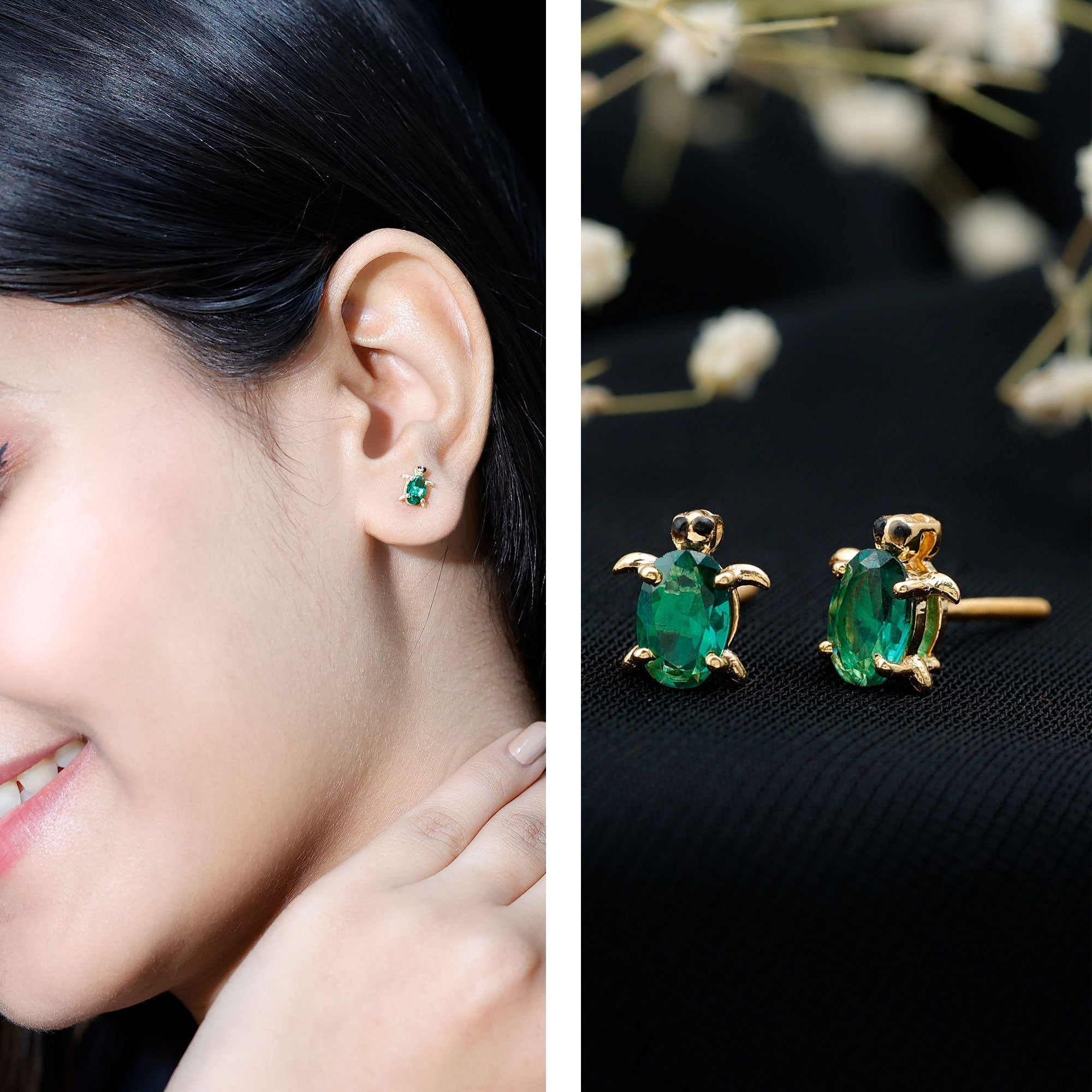 4X6 MM Lab Created Emerald Cute Turtle Stud Earrings