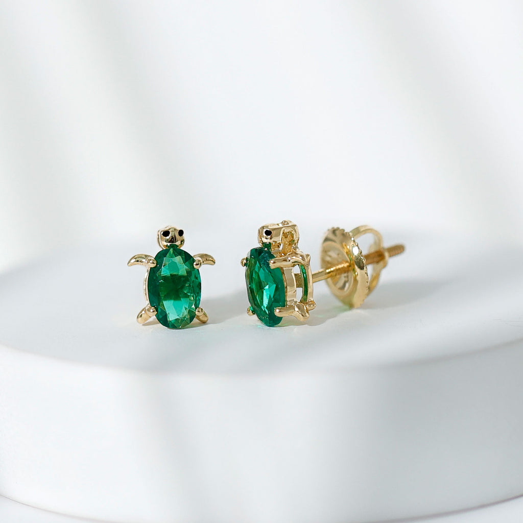 4X6 MM Lab Created Emerald Cute Turtle Stud Earrings