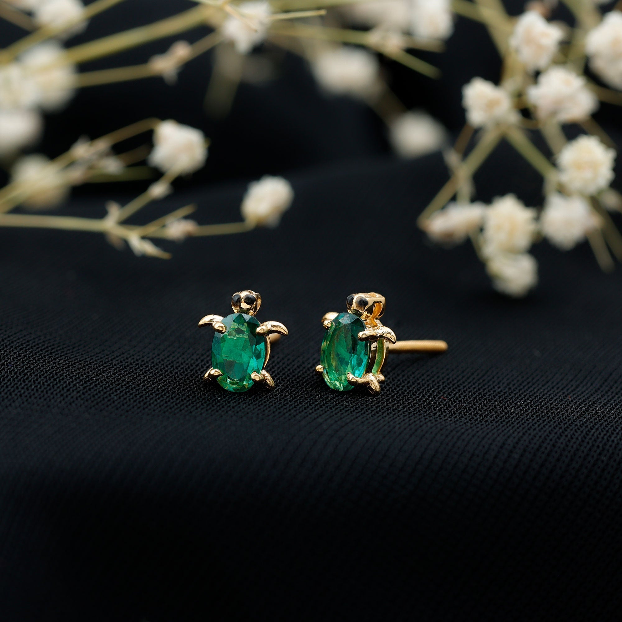 4X6 MM Lab Created Emerald Cute Turtle Stud Earrings