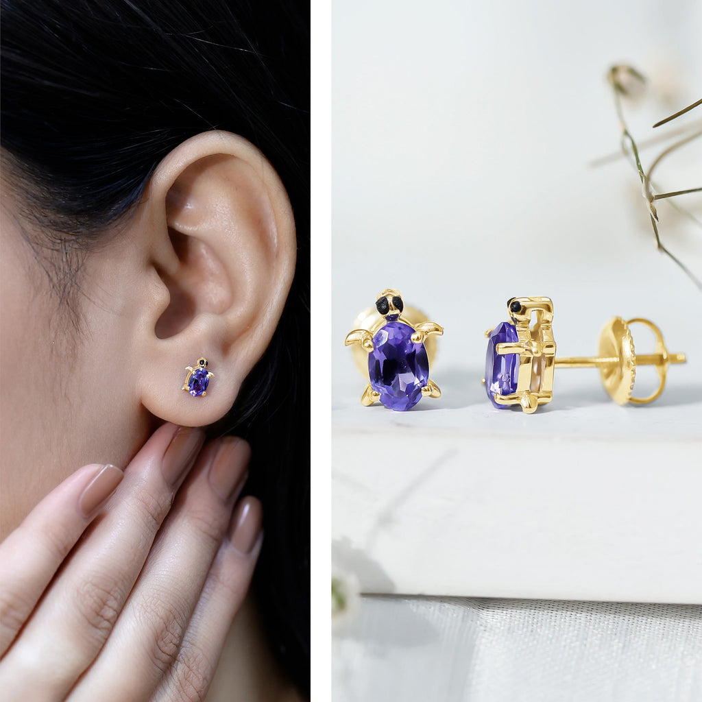 Created Blue Sapphire Tortoise Stud Earrings