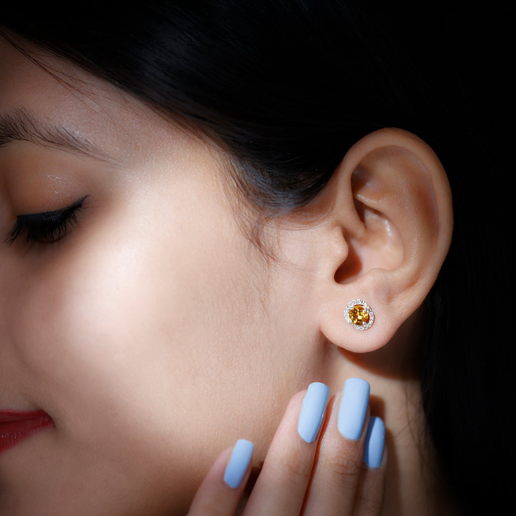 Round Citrine and Diamond Stud Earrings