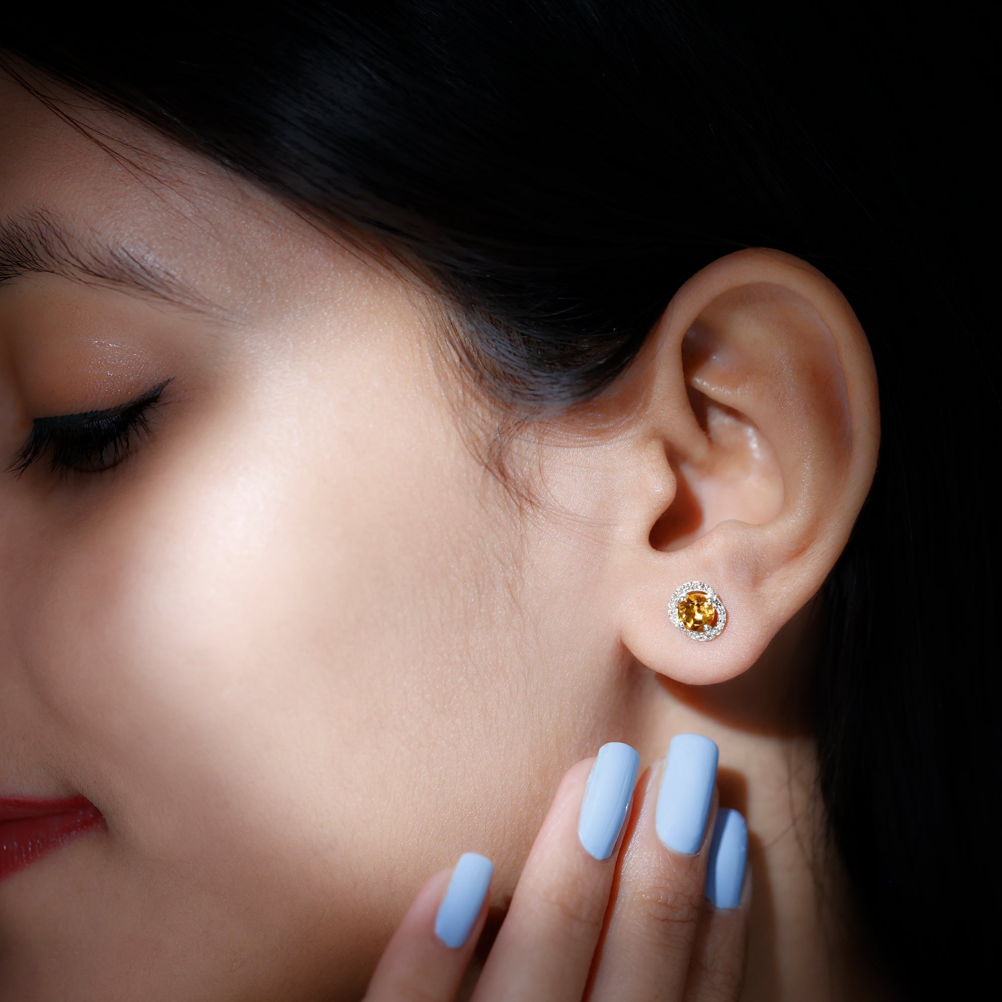 Round Citrine and Diamond Stud Earrings