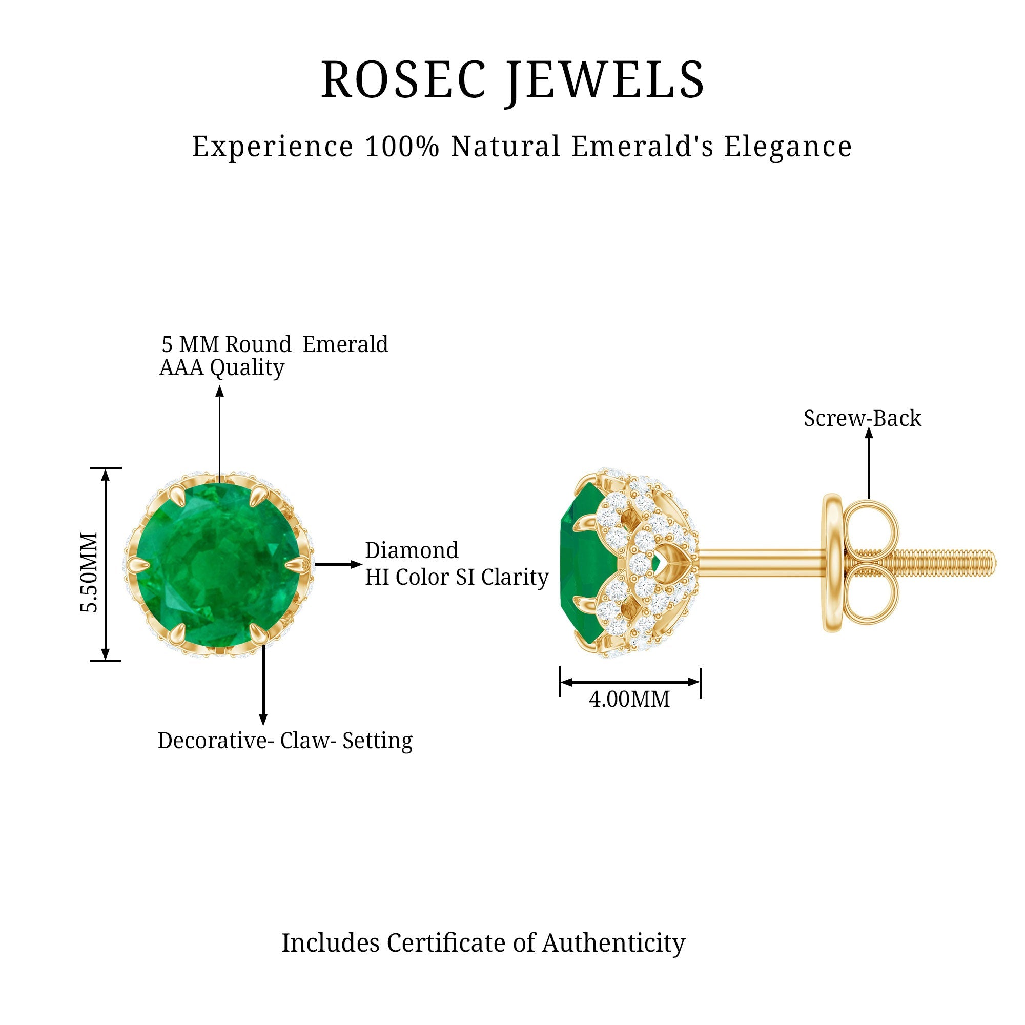 Designer Emerald Diamond Stud Earrings with Screw Back
