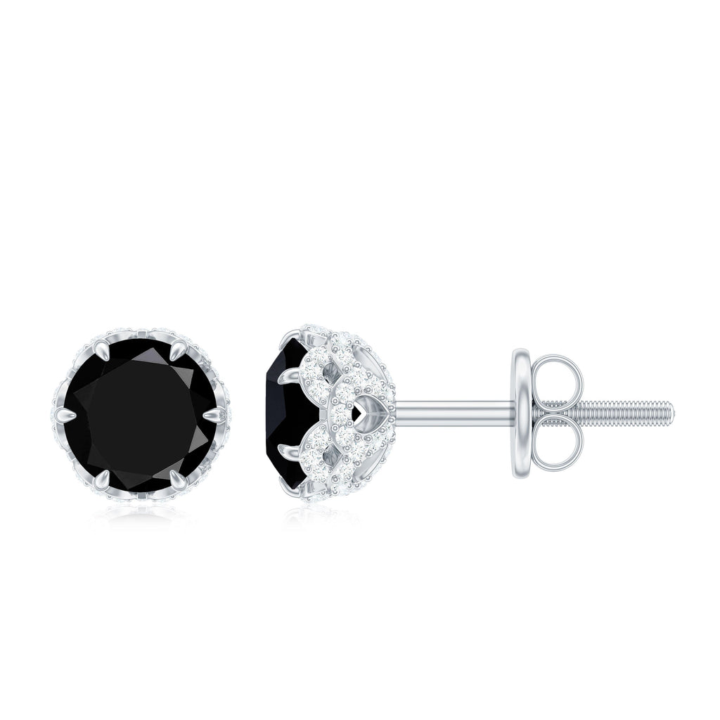 1 Carat Black Spinel Stud Earrings with Diamond Accent