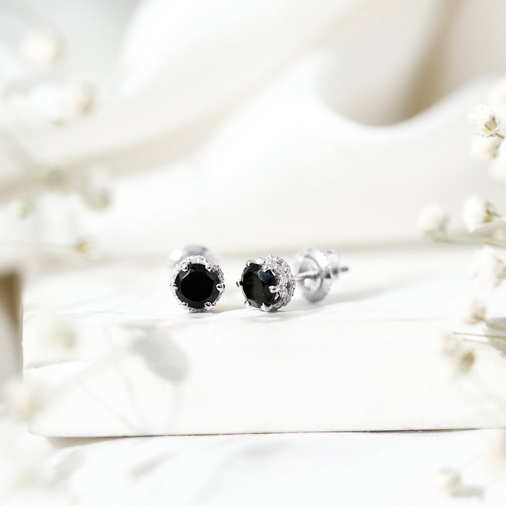 1 Carat Black Spinel Stud Earrings with Diamond Accent