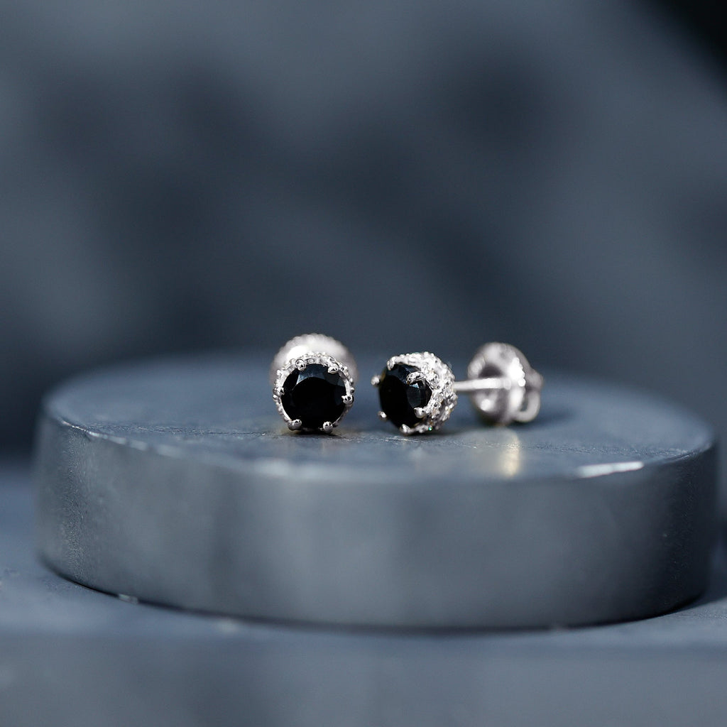 1 Carat Black Spinel Stud Earrings with Diamond Accent