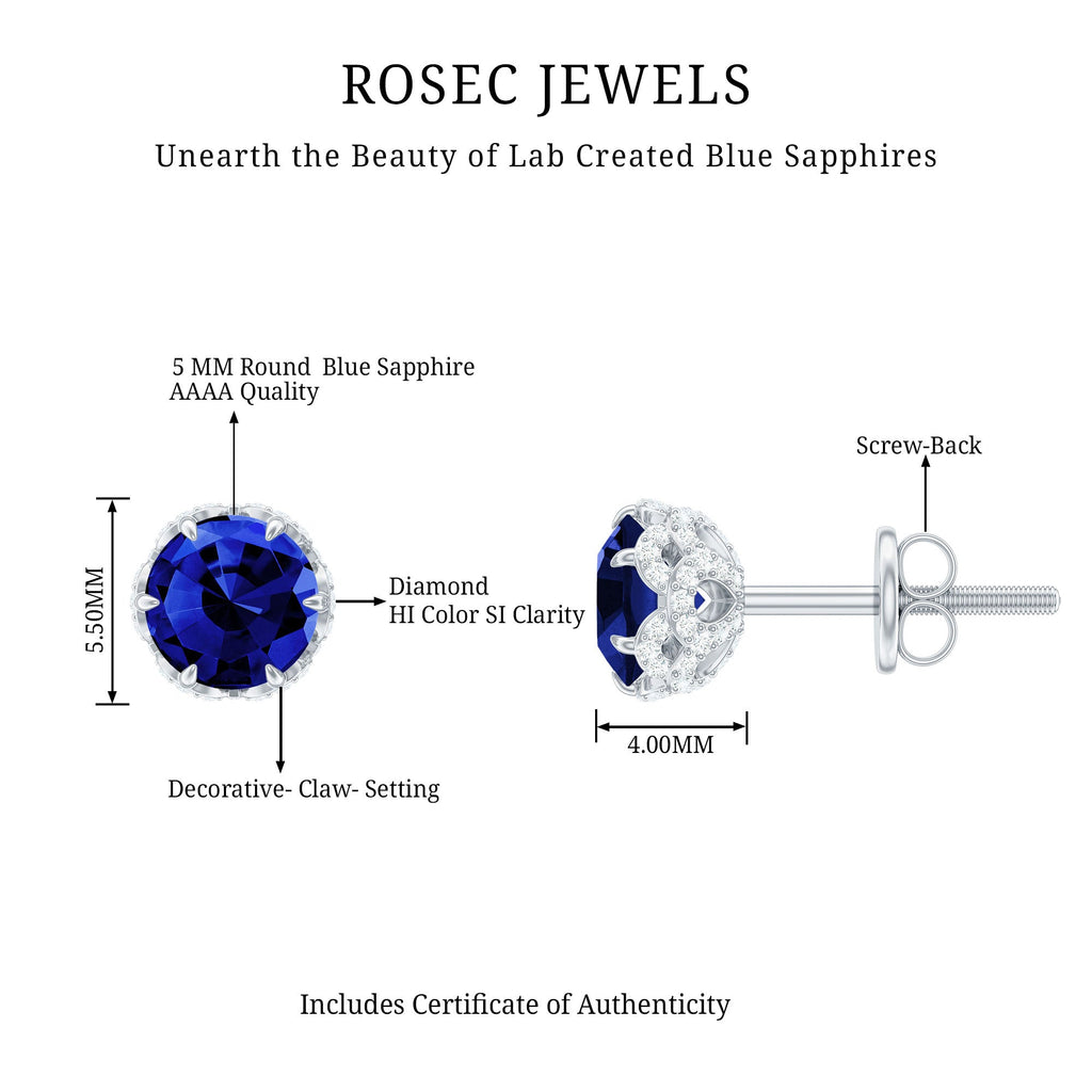 Solitaire Lab Created Blue Sapphire Stud Earrings with Diamonds