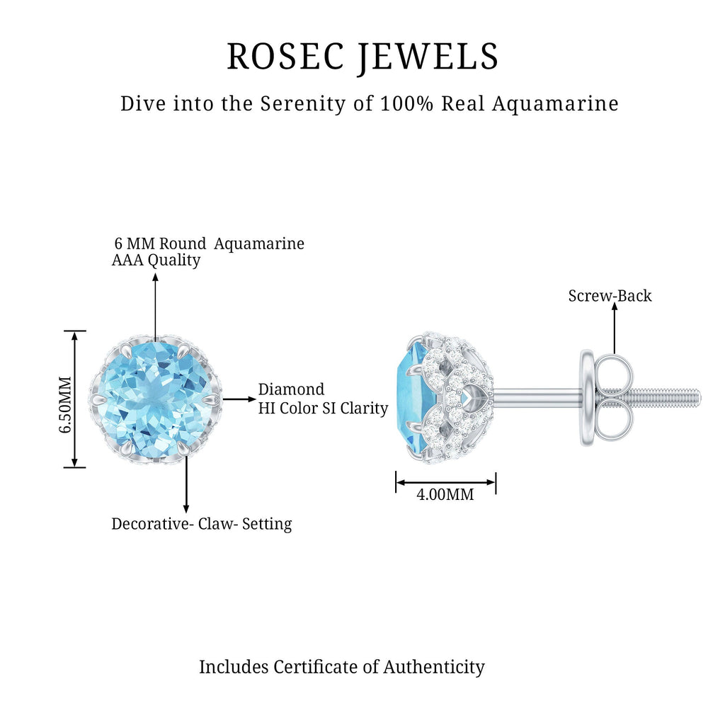 Natural Aquamarine Diamond Floral Stud Earrings with Screw Back