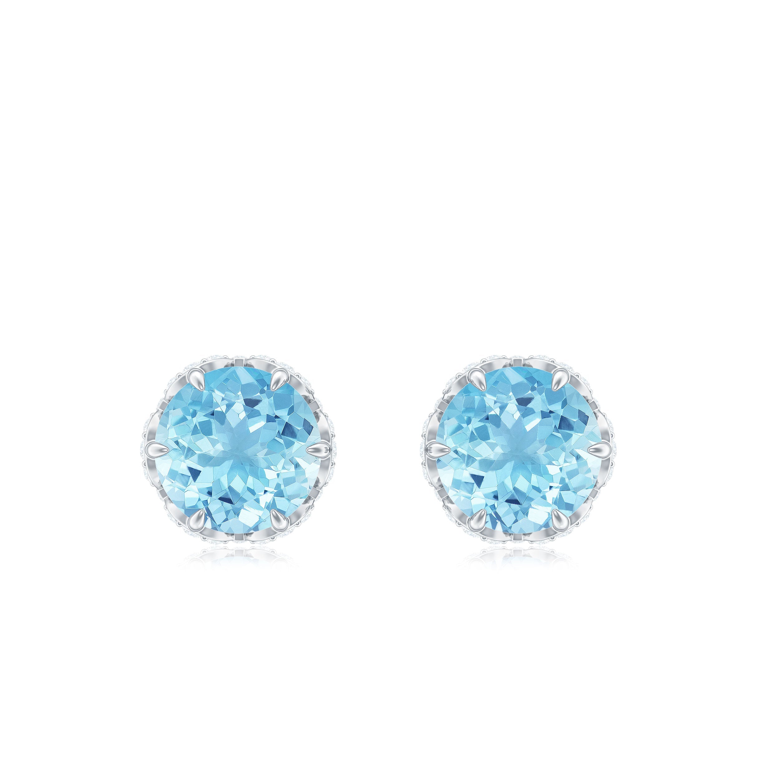 Natural Aquamarine Diamond Floral Stud Earrings with Screw Back