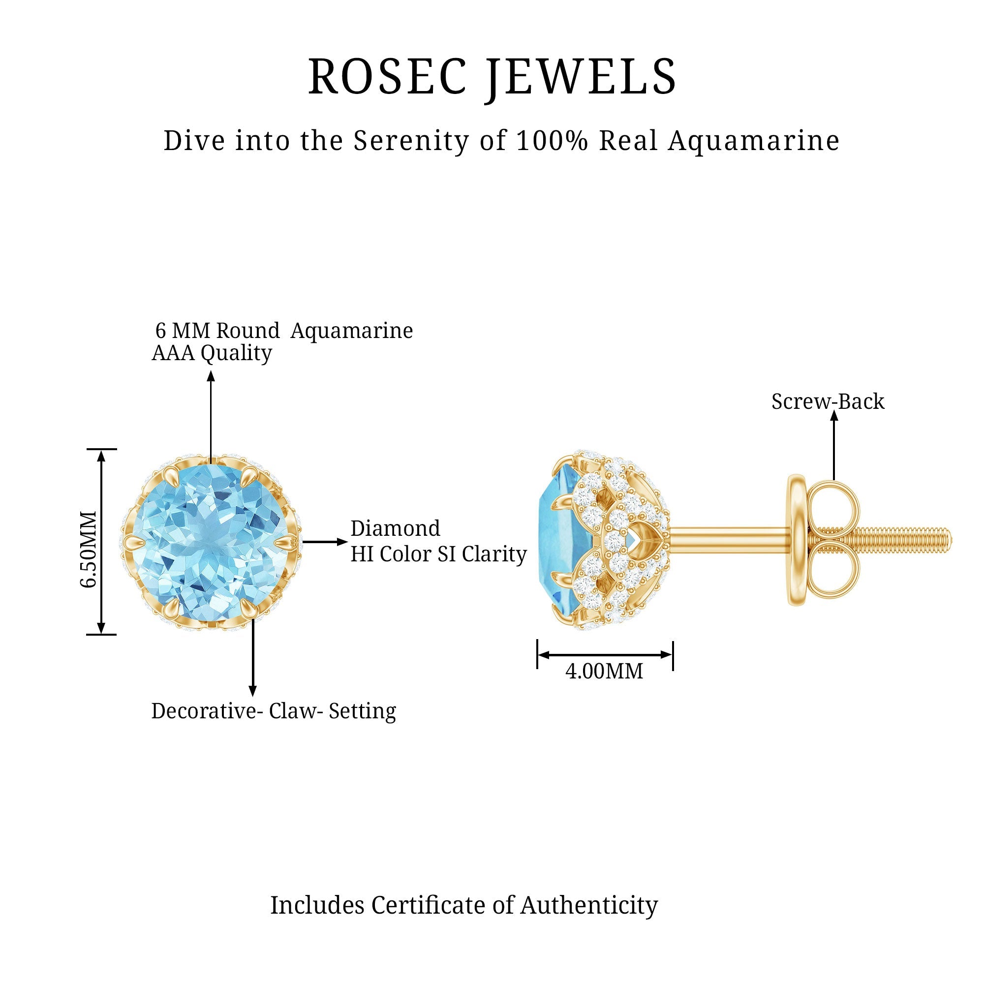 Natural Aquamarine Diamond Floral Stud Earrings with Screw Back