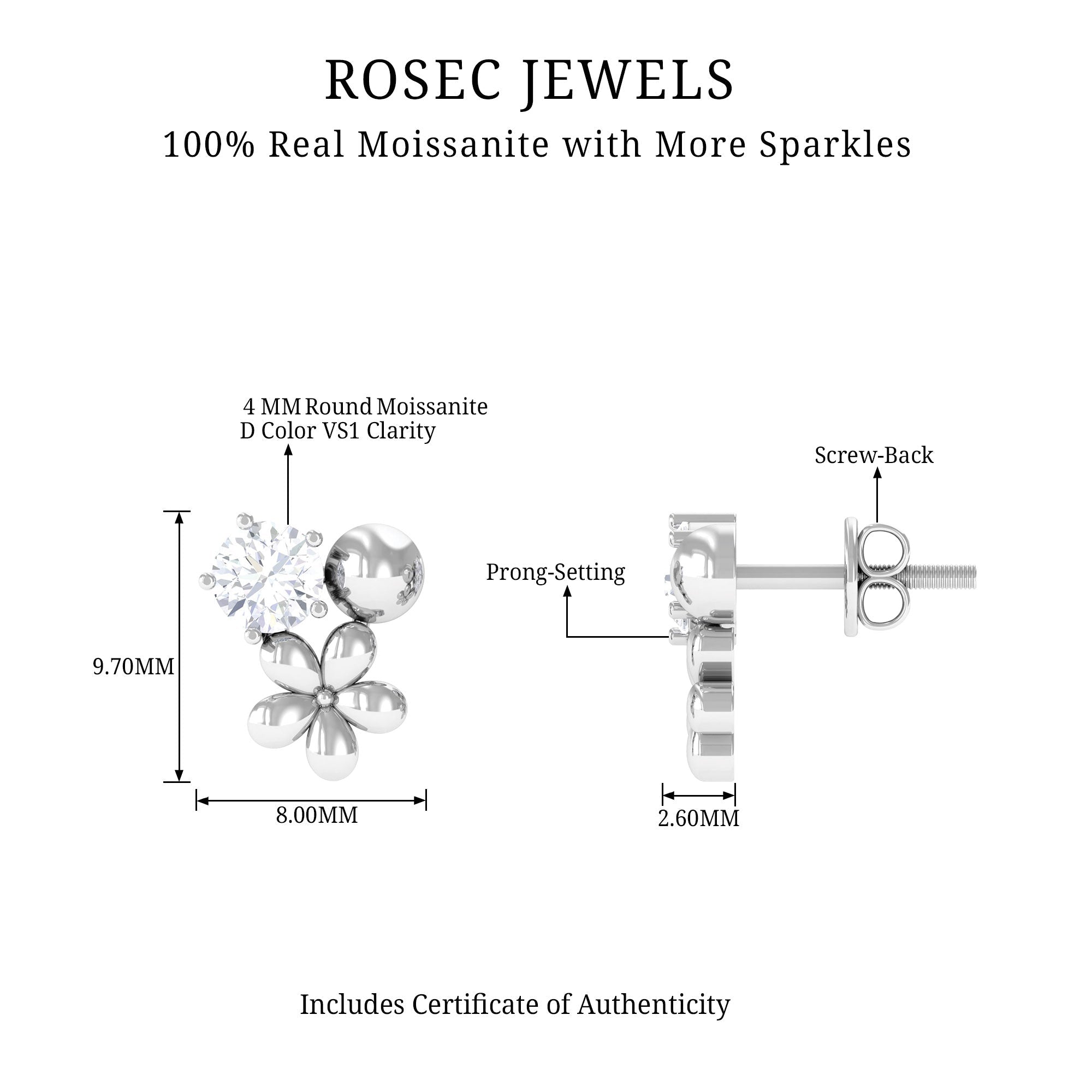 Round Cut Moissanite Flower Stud Earrings with Screw Backs