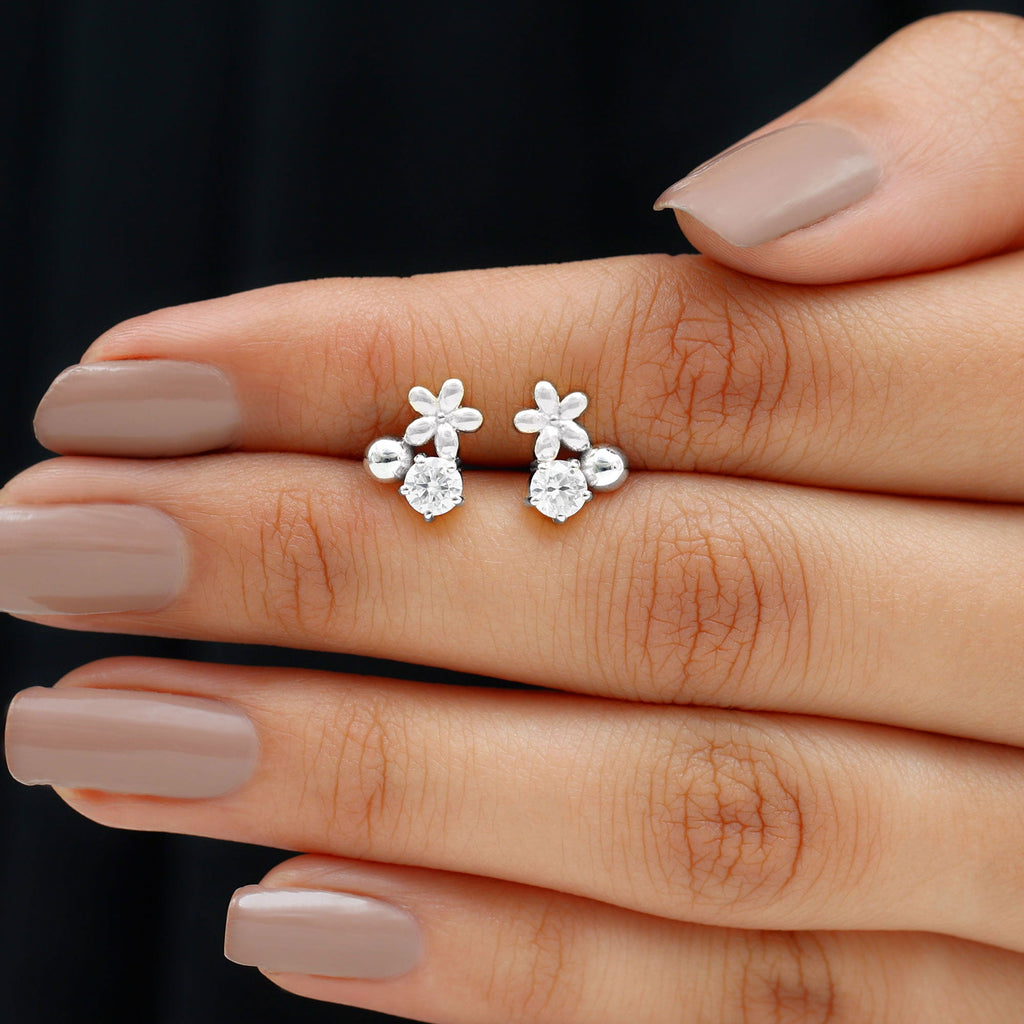 Round Cut Moissanite Flower Stud Earrings with Screw Backs