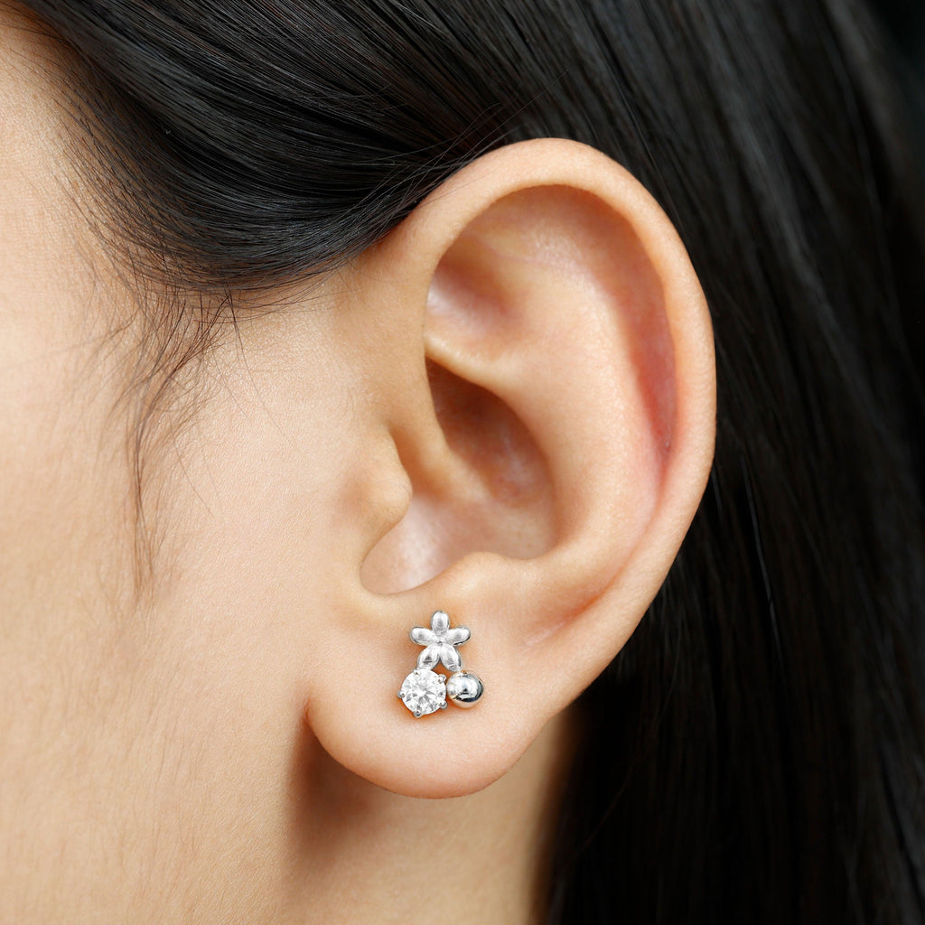 Round Cut Moissanite Flower Stud Earrings with Screw Backs