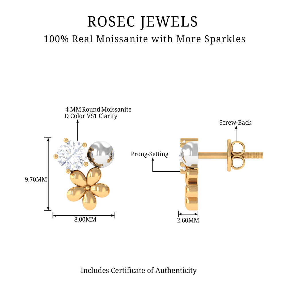 Round Cut Moissanite Flower Stud Earrings with Screw Backs