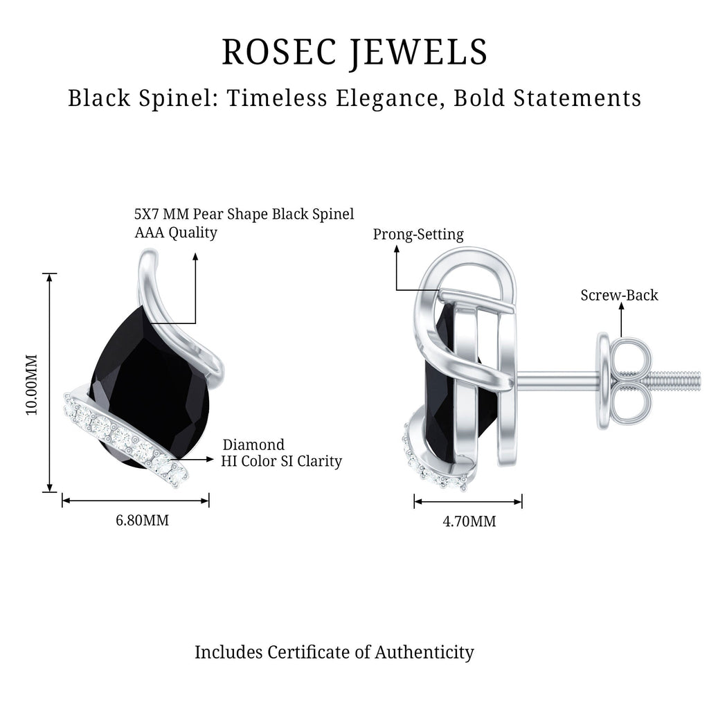 1.25 CT Natural Black Spinel Teardrop Stud Earrings with Diamond