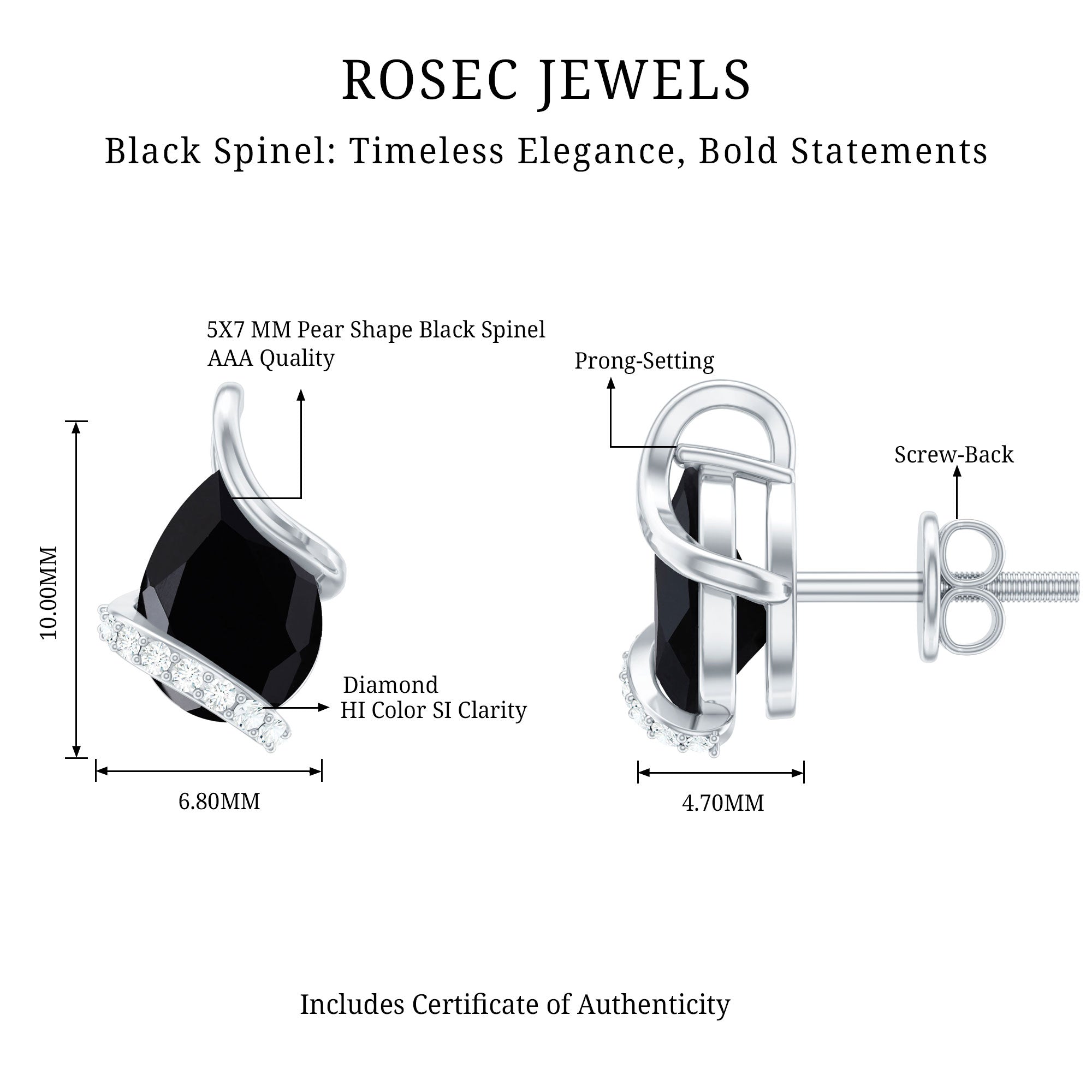 1.25 CT Natural Black Spinel Teardrop Stud Earrings with Diamond